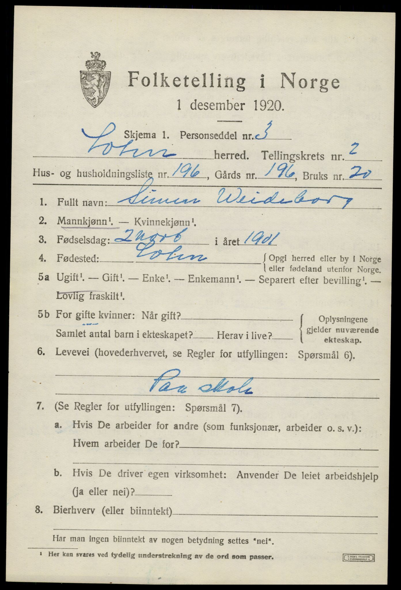 SAH, 1920 census for Løten, 1920, p. 7145