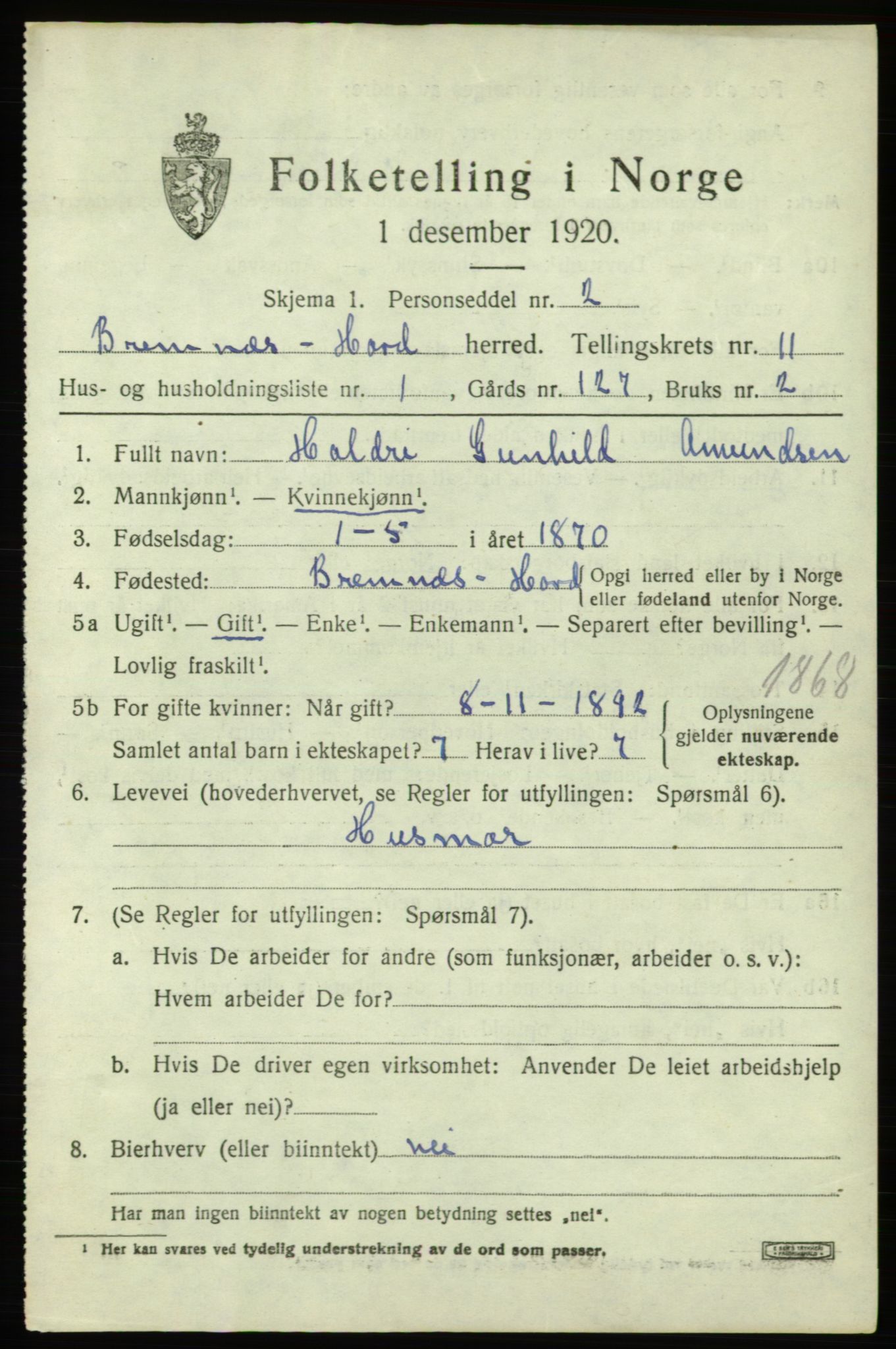 SAB, 1920 census for Bremnes, 1920, p. 6604