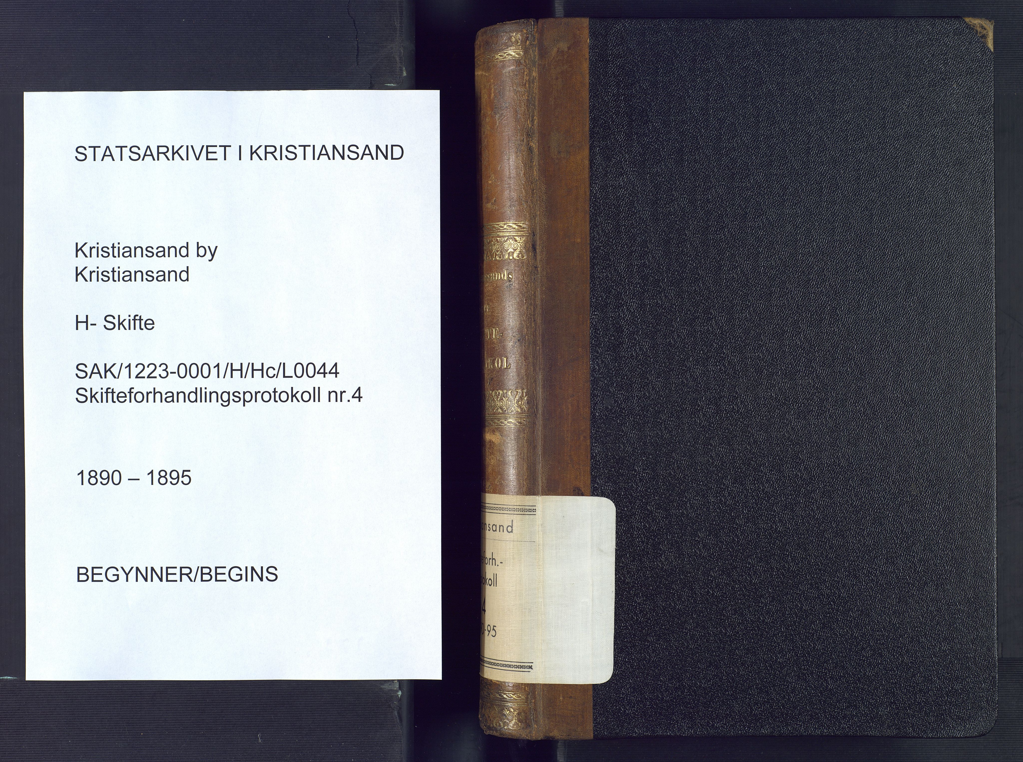 Kristiansand byrett, SAK/1223-0001/H/Hc/L0044: Skifteforhandlingsprotokoll nr. 4, med register, 1890-1895