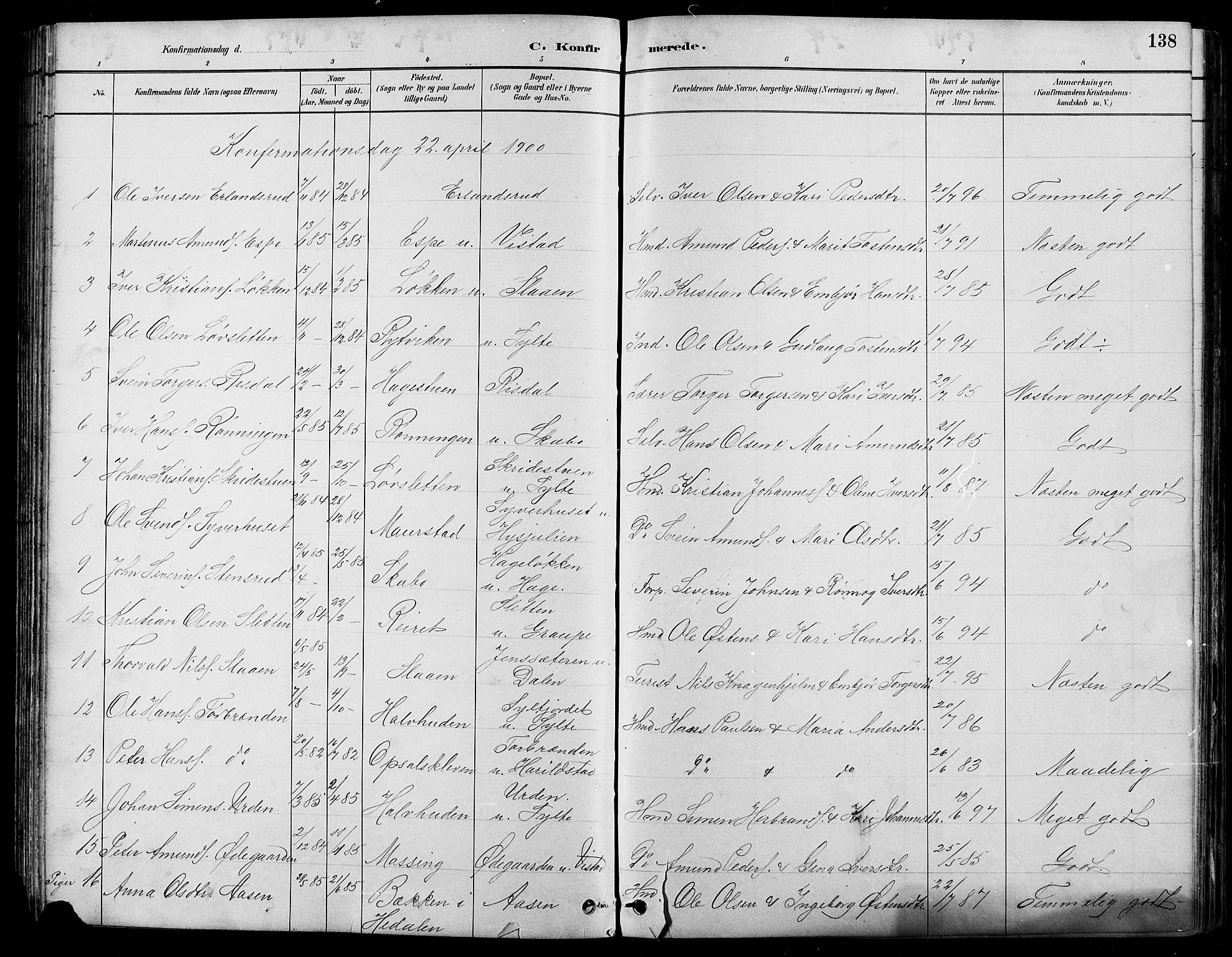 Nord-Fron prestekontor, SAH/PREST-080/H/Ha/Hab/L0005: Parish register (copy) no. 5, 1884-1914, p. 138