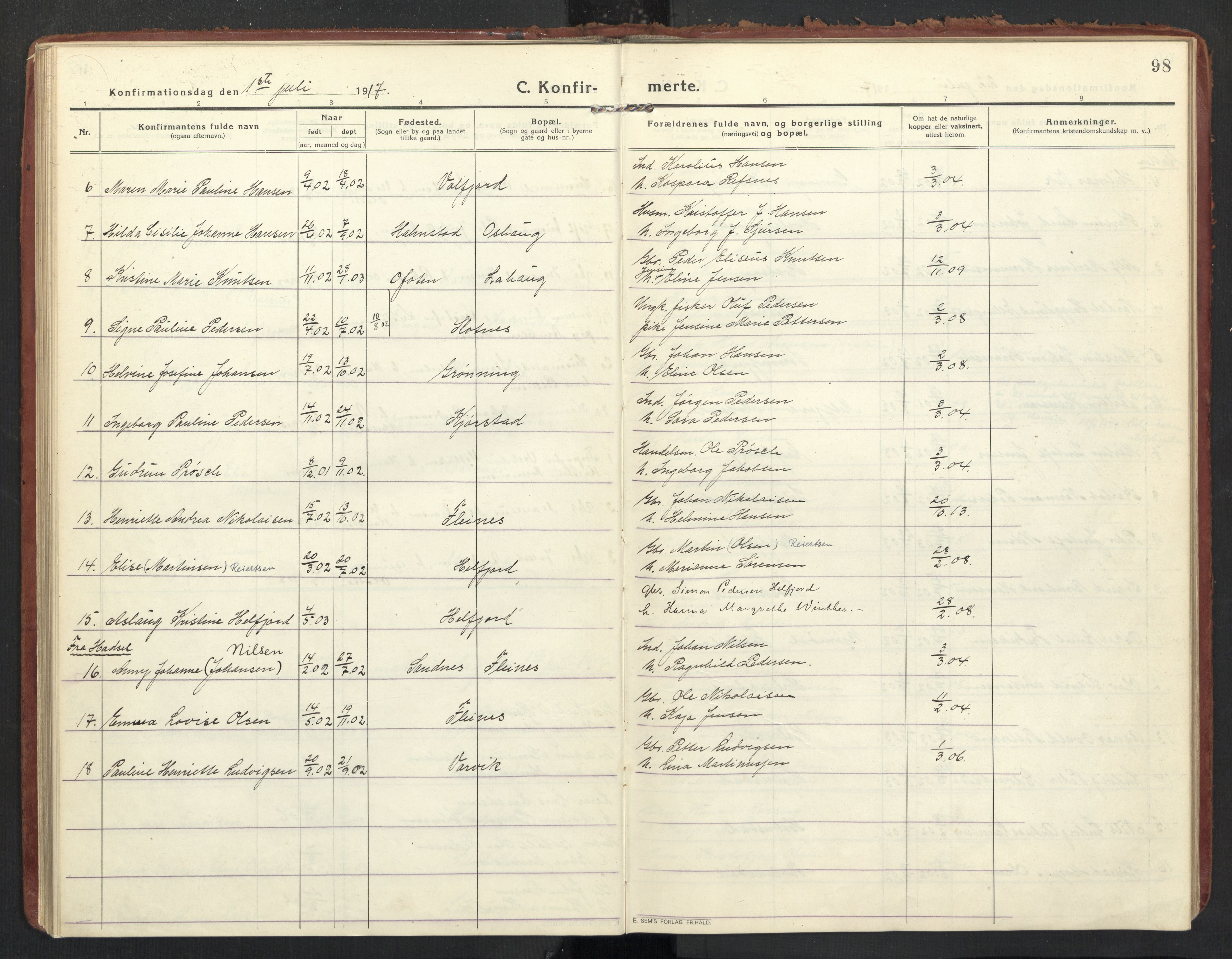Ministerialprotokoller, klokkerbøker og fødselsregistre - Nordland, SAT/A-1459/890/L1288: Parish register (official) no. 890A03, 1915-1925, p. 98