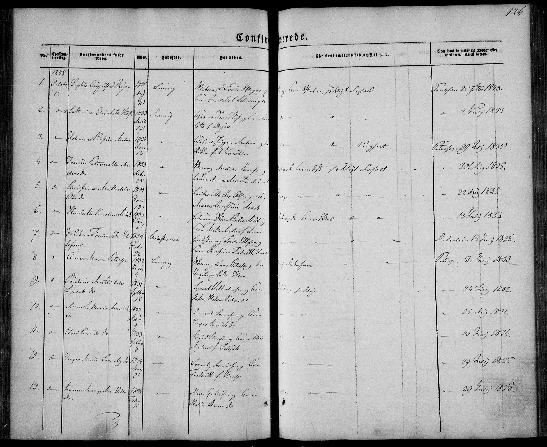 Larvik kirkebøker, AV/SAKO-A-352/F/Fa/L0003: Parish register (official) no. I 3, 1848-1856, p. 126