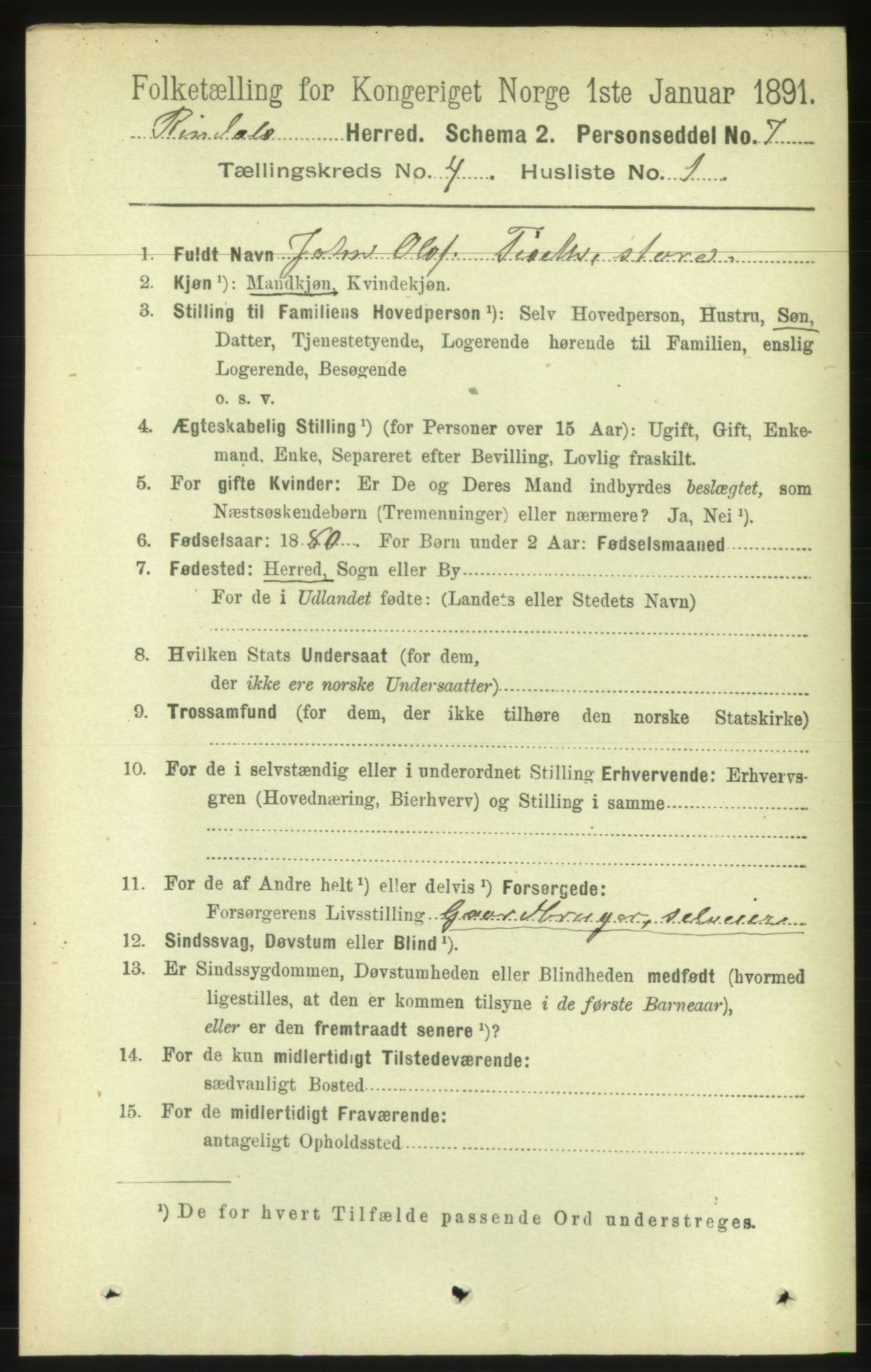 RA, 1891 census for 1567 Rindal, 1891, p. 1210