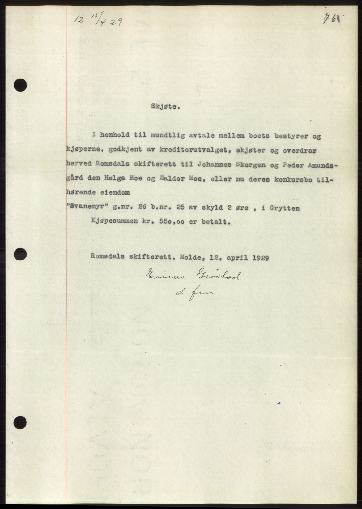 Romsdal sorenskriveri, AV/SAT-A-4149/1/2/2C/L0056: Mortgage book no. 50, 1929-1929, Deed date: 15.04.1929