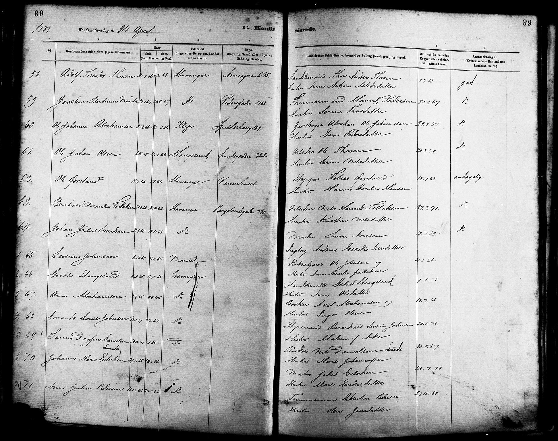 St. Petri sokneprestkontor, AV/SAST-A-101813/001/30/30BA/L0016: Parish register (official) no. A 16, 1879-1893, p. 39