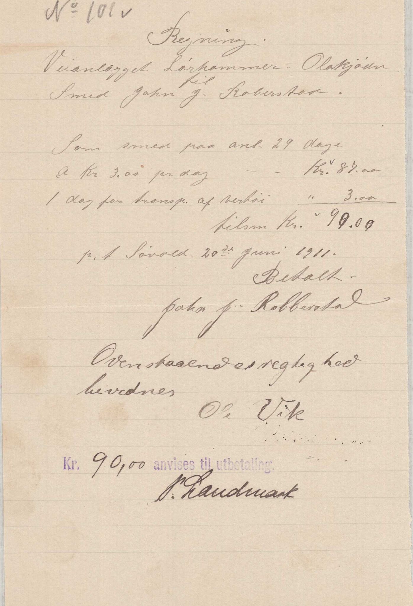 Finnaas kommune. Formannskapet, IKAH/1218a-021/E/Ea/L0001/0003: Rekneskap for veganlegg / Rekneskap for veganlegget Laurhammer - Olakjødn, 1909-1911, p. 69