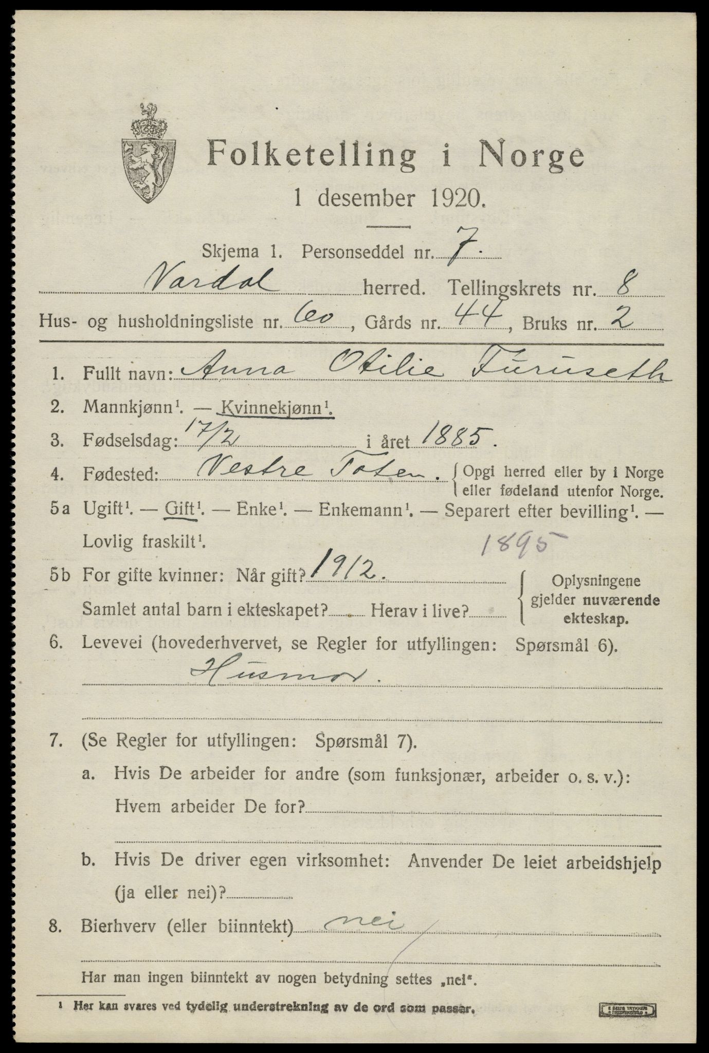 SAH, 1920 census for Vardal, 1920, p. 6455