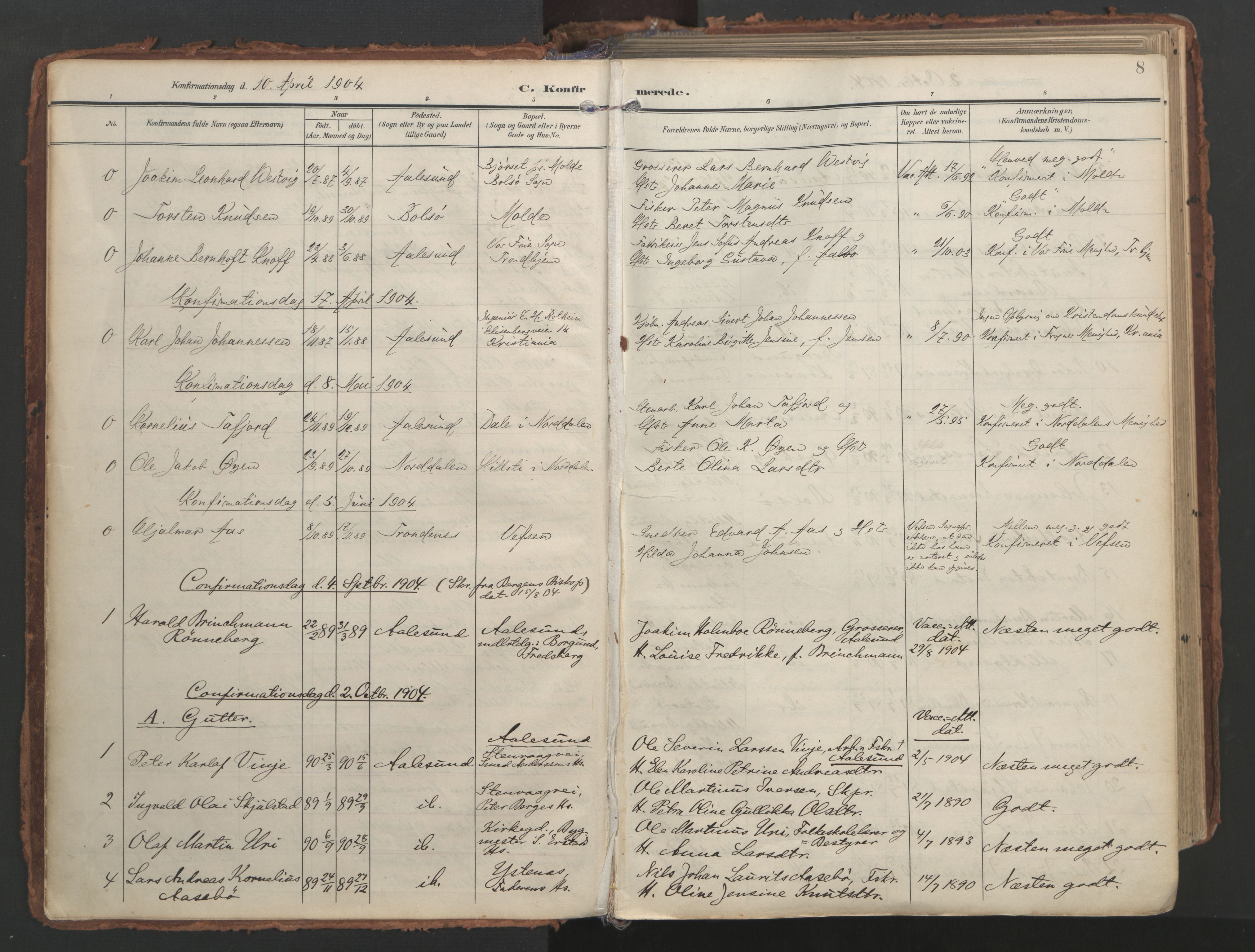 Ministerialprotokoller, klokkerbøker og fødselsregistre - Møre og Romsdal, SAT/A-1454/529/L0459: Parish register (official) no. 529A09, 1904-1917, p. 8