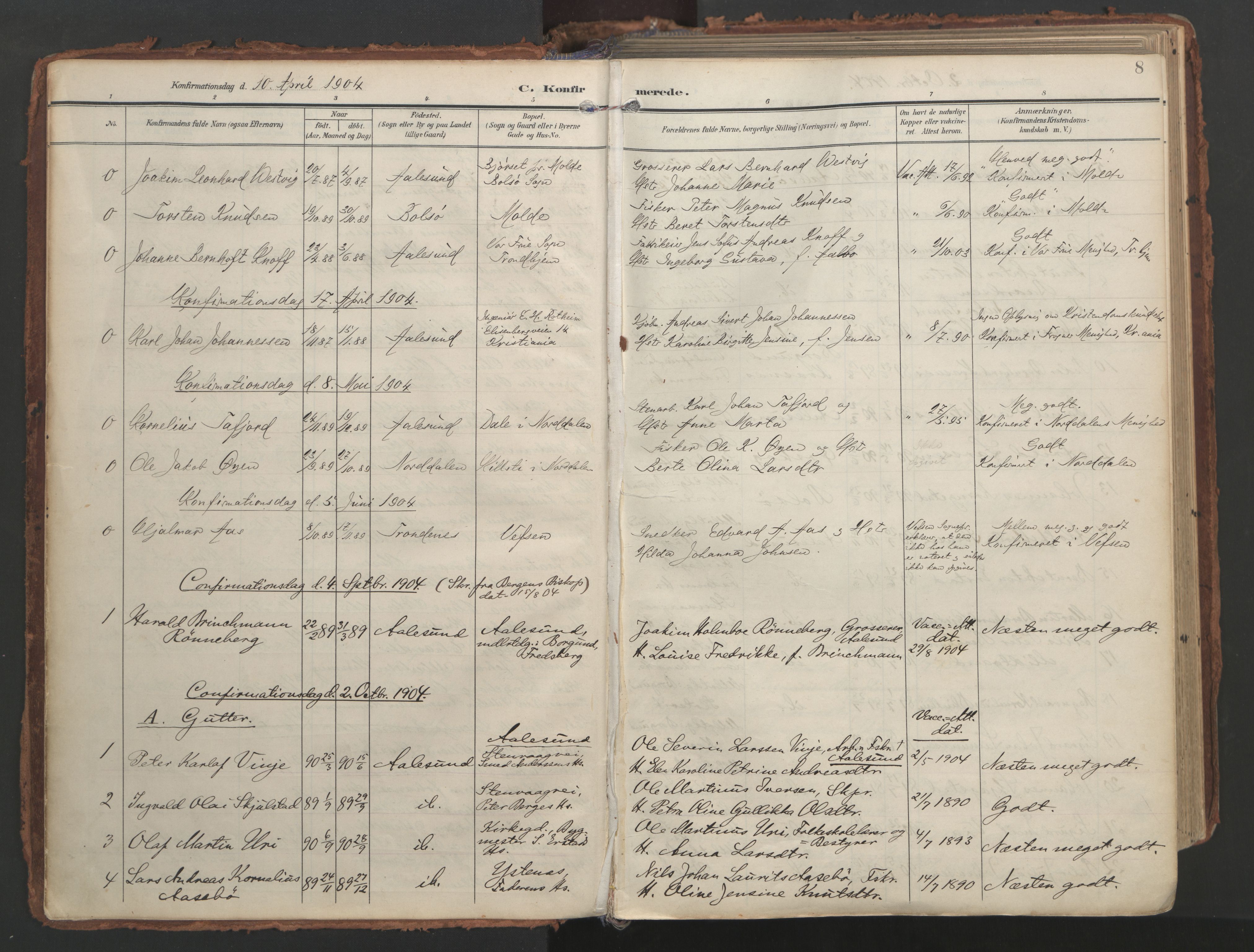 Ministerialprotokoller, klokkerbøker og fødselsregistre - Møre og Romsdal, AV/SAT-A-1454/529/L0459: Parish register (official) no. 529A09, 1904-1917, p. 8