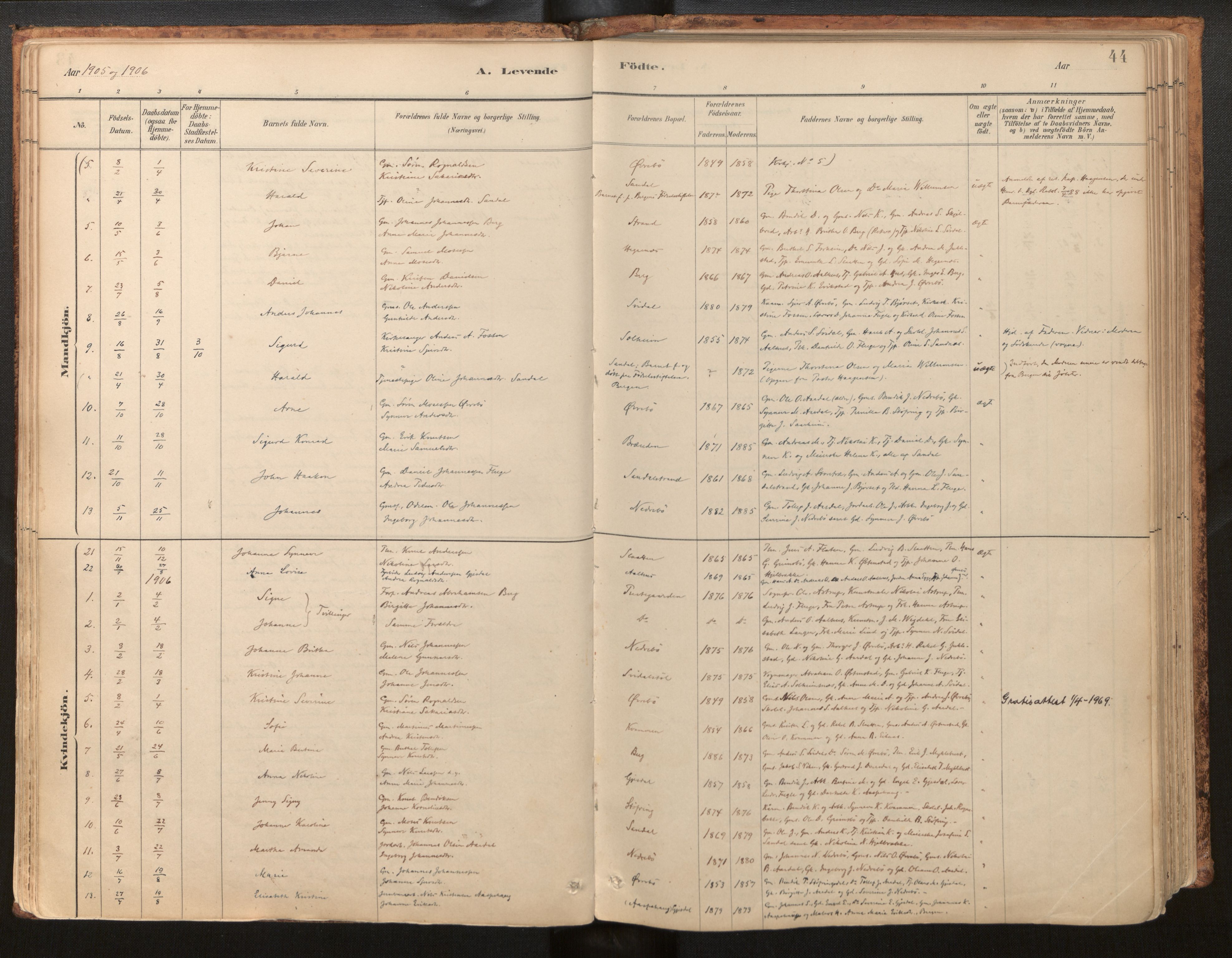 Jølster sokneprestembete, AV/SAB-A-80701/H/Haa/Haab/L0001: Parish register (official) no. B 1, 1882-1930, p. 44