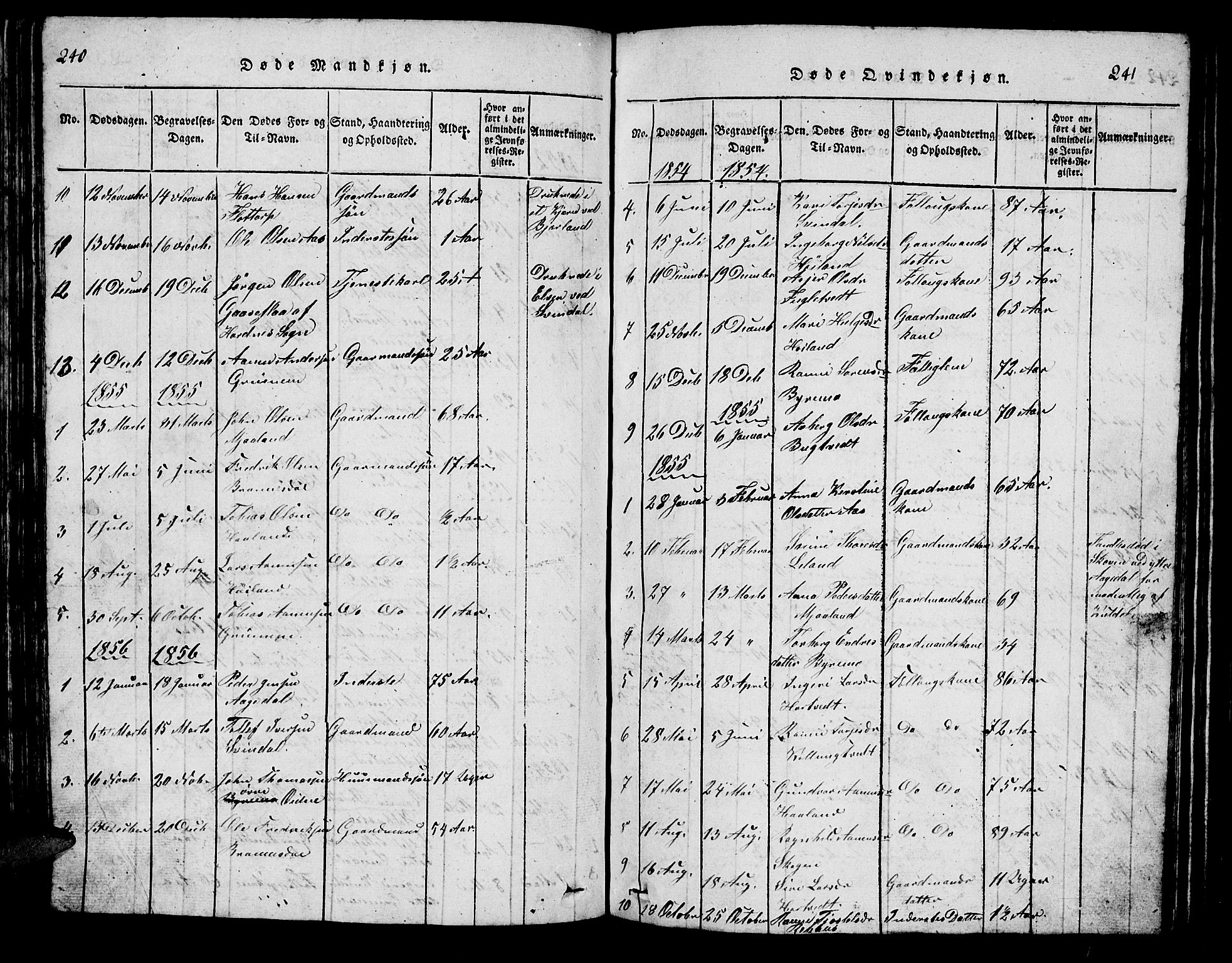 Bjelland sokneprestkontor, SAK/1111-0005/F/Fb/Fbc/L0001: Parish register (copy) no. B 1, 1815-1870, p. 240-241