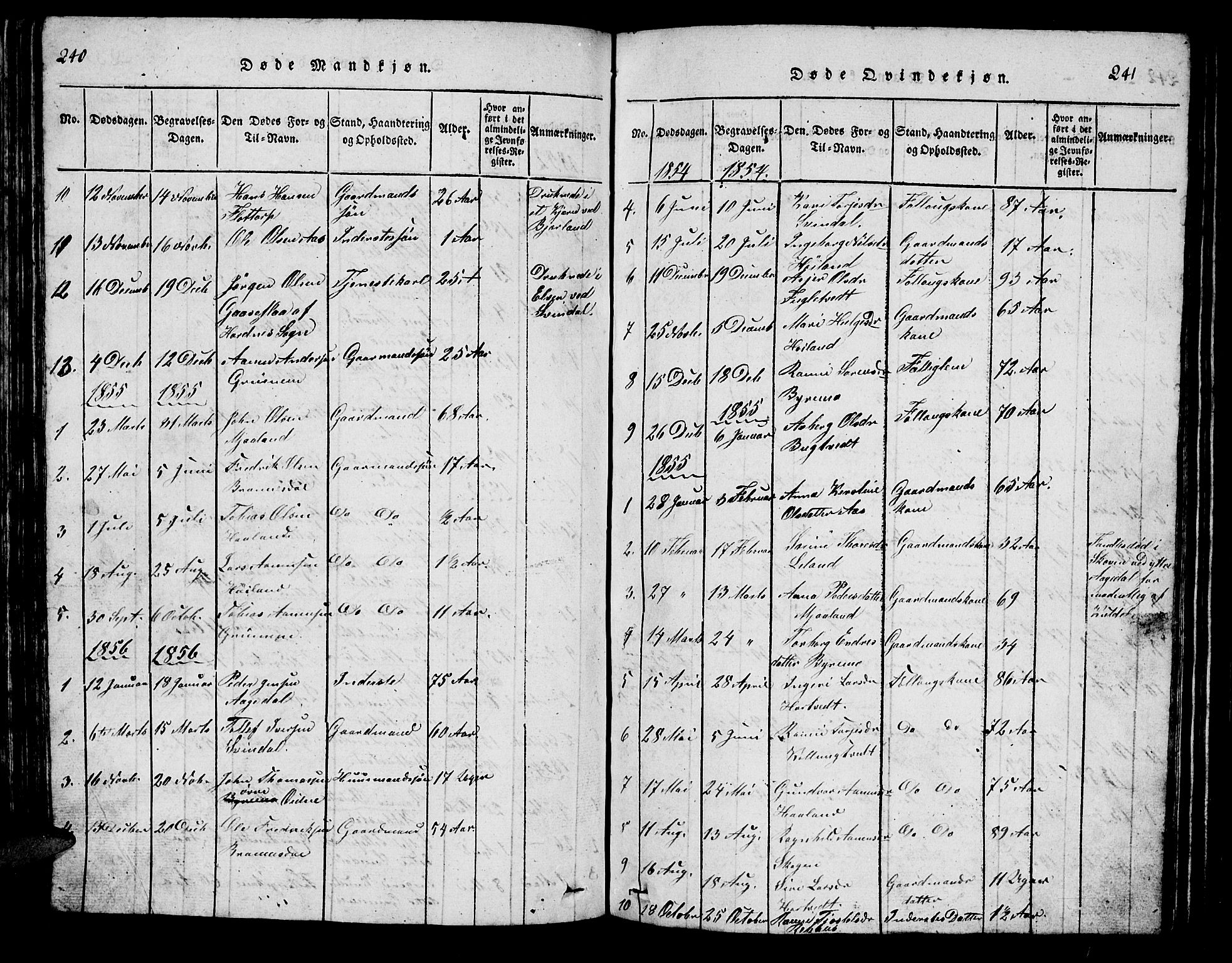 Bjelland sokneprestkontor, AV/SAK-1111-0005/F/Fb/Fbc/L0001: Parish register (copy) no. B 1, 1815-1870, p. 240-241