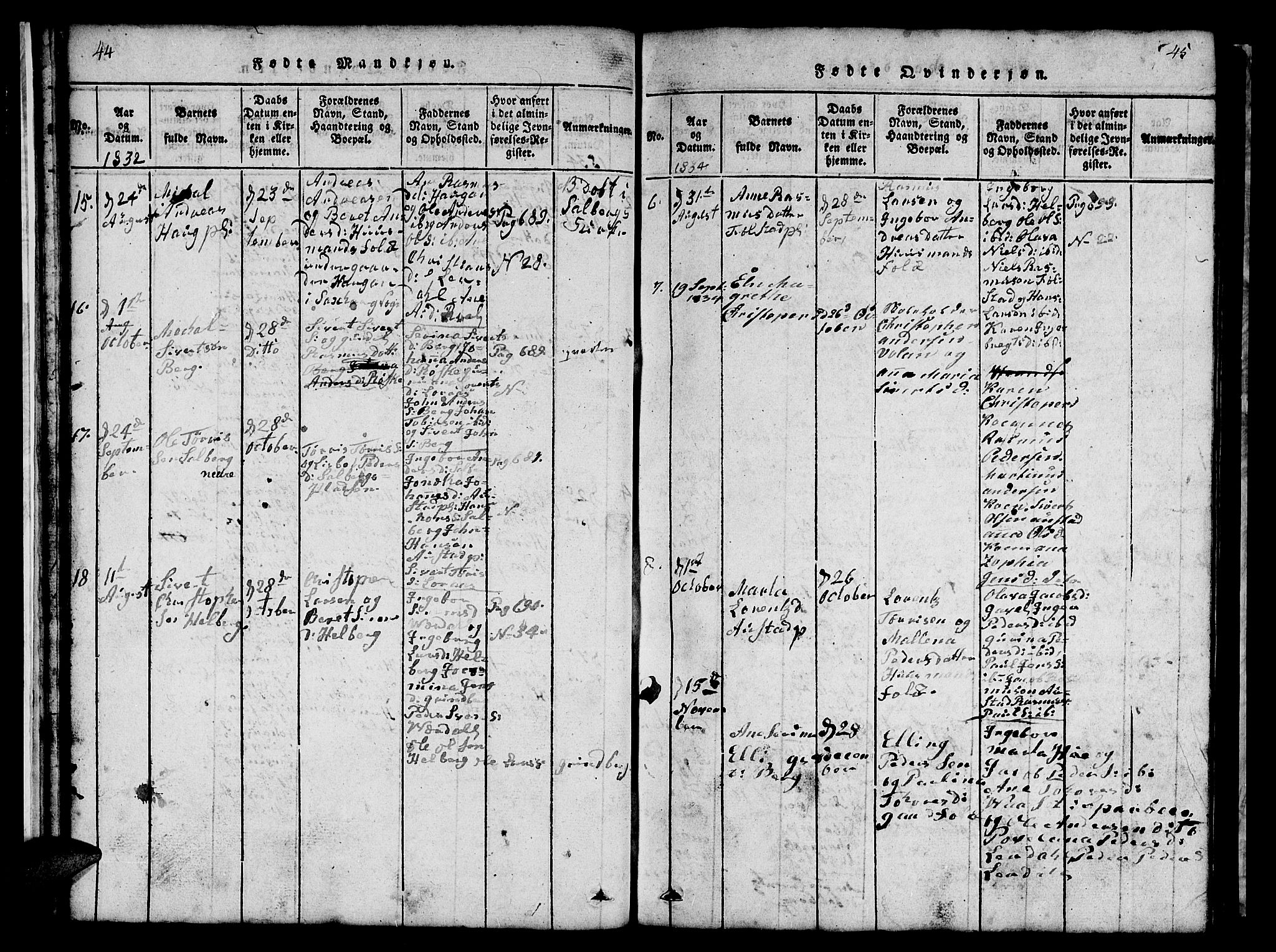 Ministerialprotokoller, klokkerbøker og fødselsregistre - Nord-Trøndelag, AV/SAT-A-1458/731/L0310: Parish register (copy) no. 731C01, 1816-1874, p. 44-45