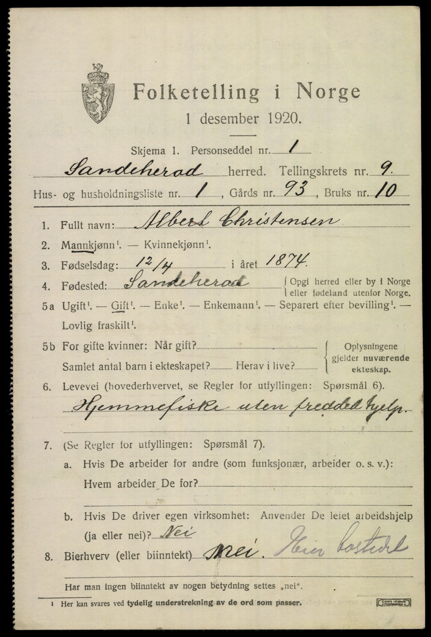 SAKO, 1920 census for Sandeherred, 1920, p. 14278