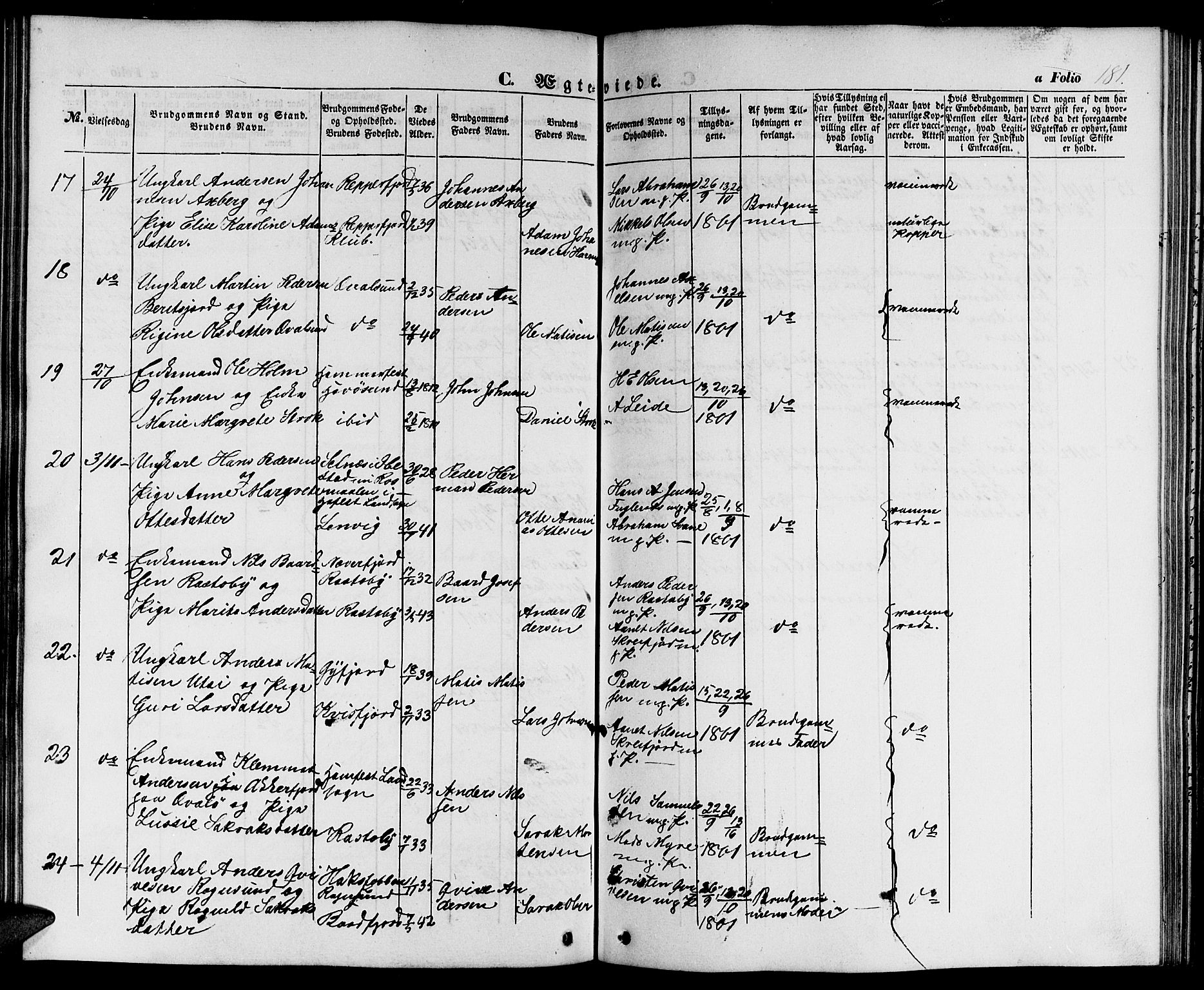 Hammerfest sokneprestkontor, AV/SATØ-S-1347/H/Hb/L0002.klokk: Parish register (copy) no. 2, 1851-1861, p. 181