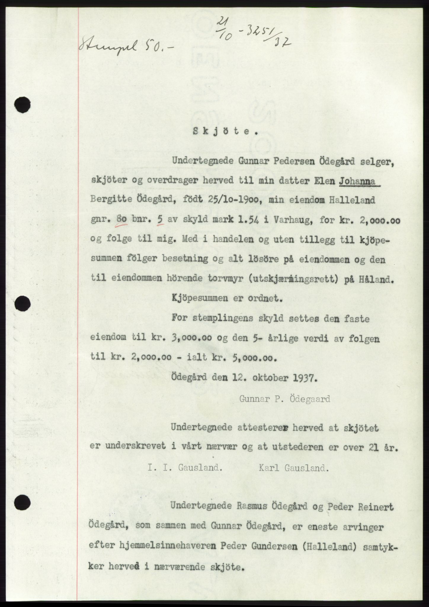 Jæren sorenskriveri, SAST/A-100310/03/G/Gba/L0069: Mortgage book, 1937-1937, Diary no: : 3251/1937