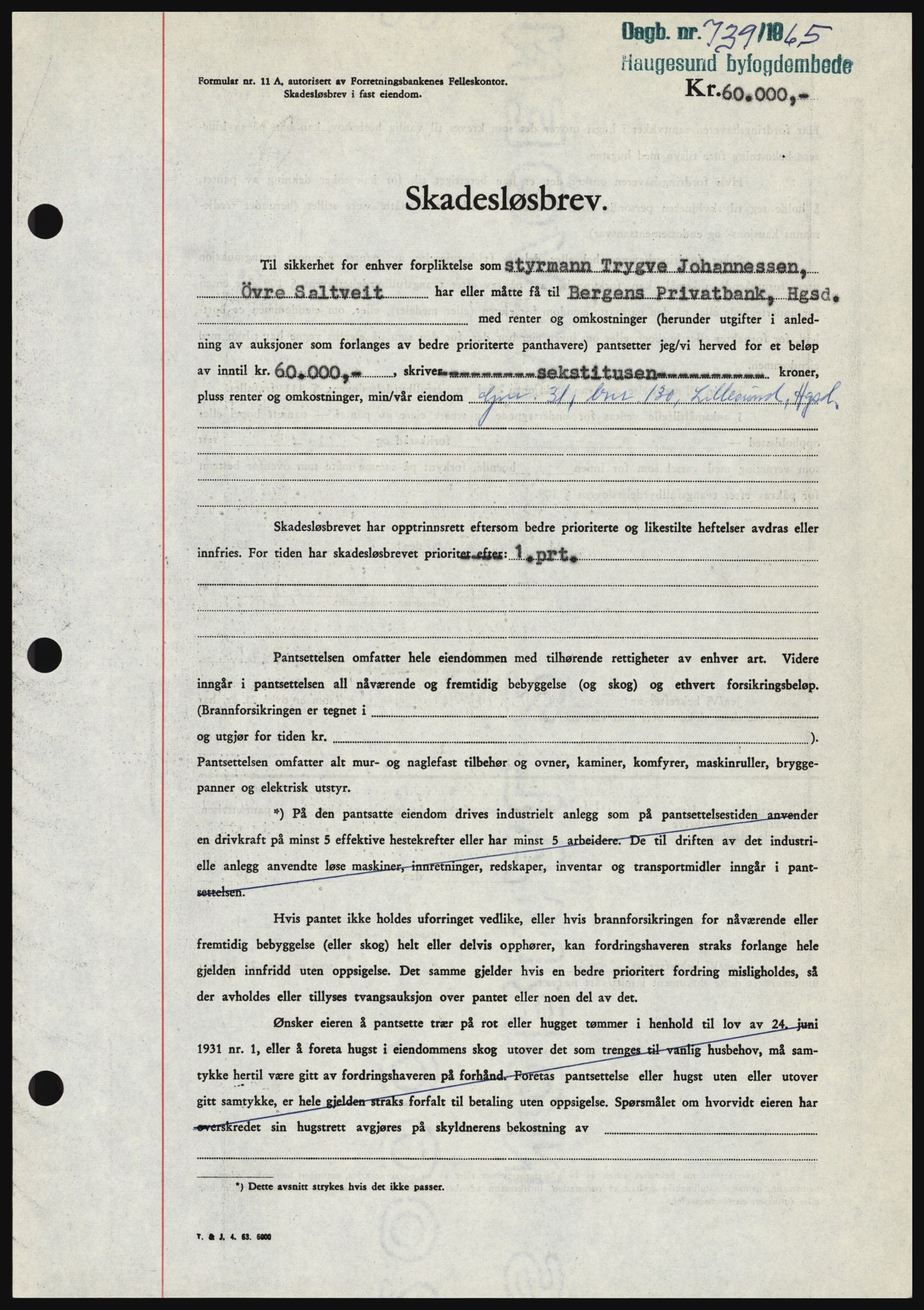 Haugesund tingrett, SAST/A-101415/01/II/IIC/L0053: Mortgage book no. B 53, 1965-1965, Diary no: : 739/1965