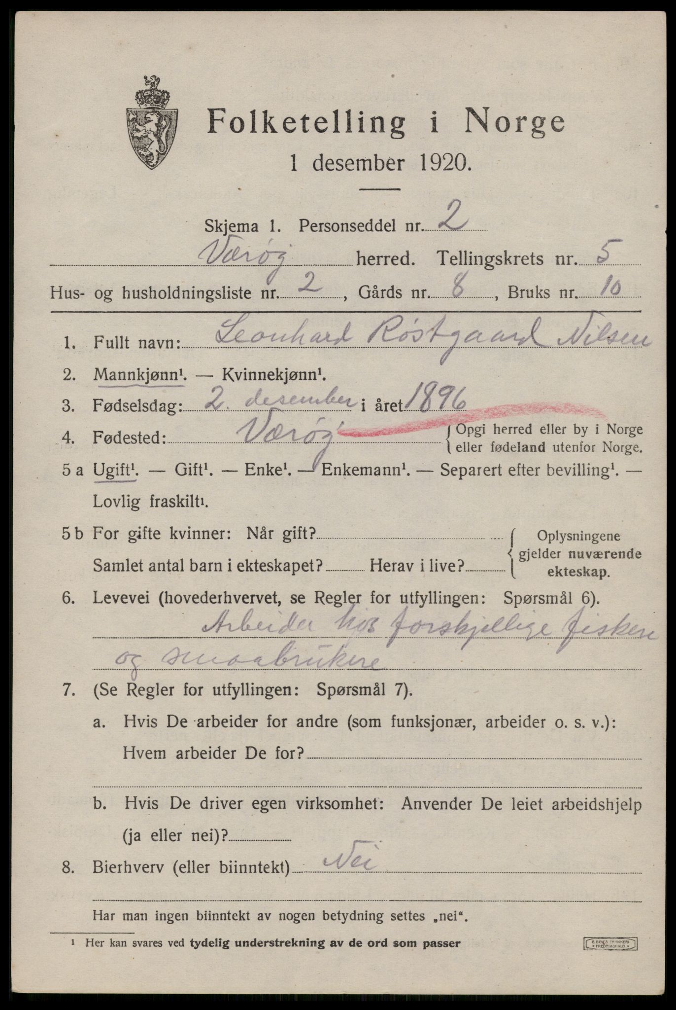 SAT, 1920 census for Værøy, 1920, p. 3129