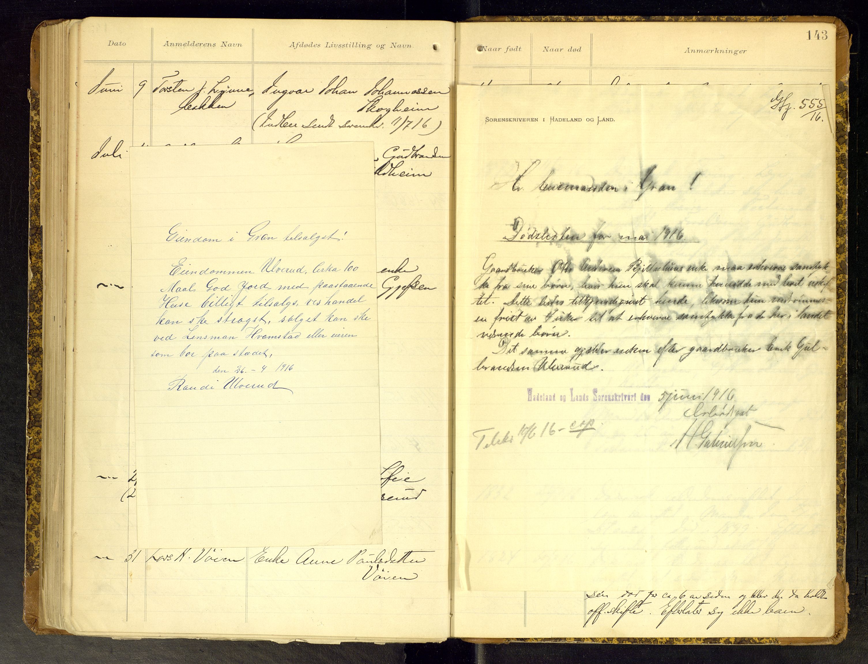 Gran lensmannskontor, AV/SAH-LOG-010/H/Ha/L0002: Dødsfallsprotokoll, 1899-1917, p. 143