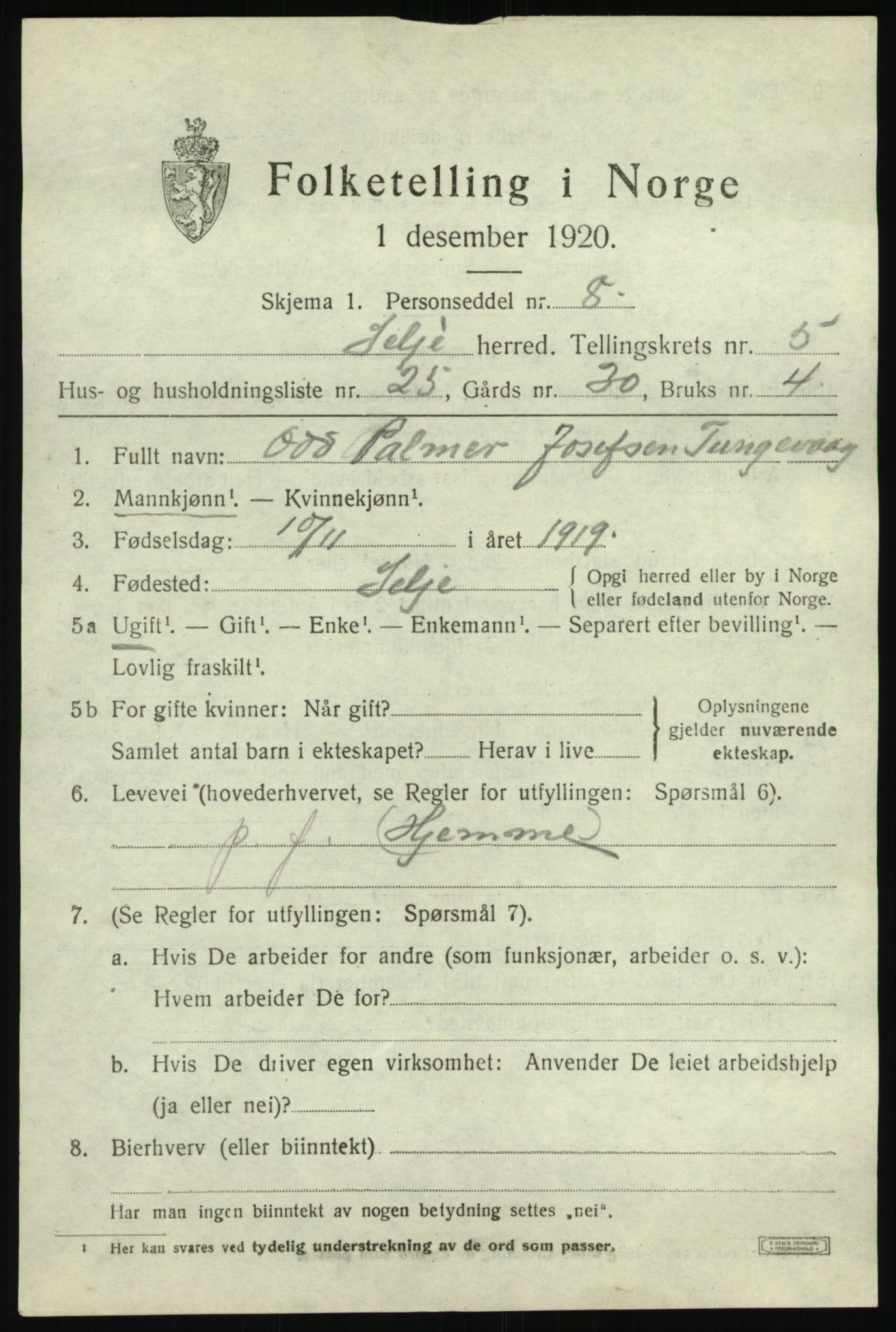 SAB, 1920 census for Selje, 1920, p. 3359