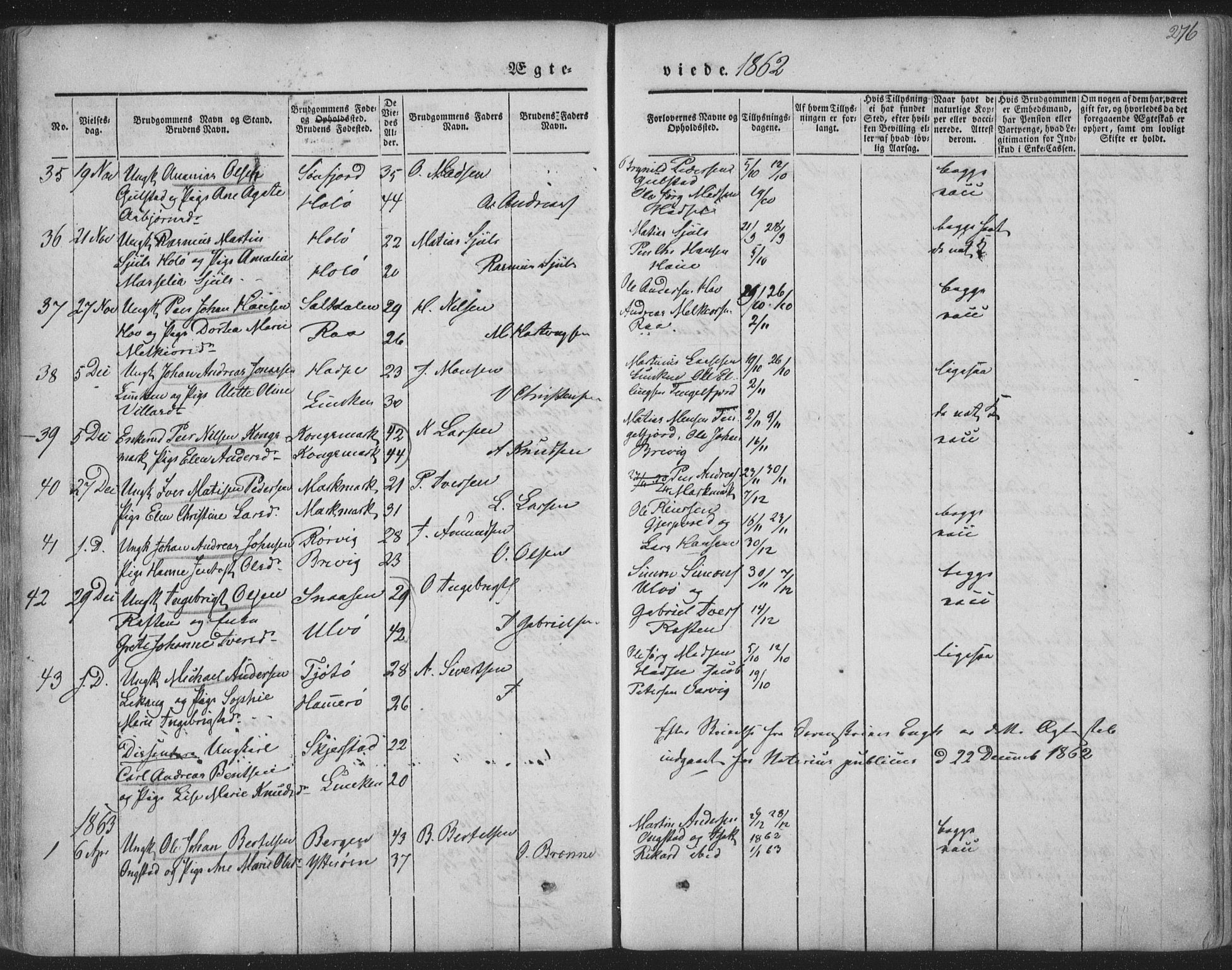 Ministerialprotokoller, klokkerbøker og fødselsregistre - Nordland, AV/SAT-A-1459/888/L1241: Parish register (official) no. 888A07, 1849-1869, p. 276