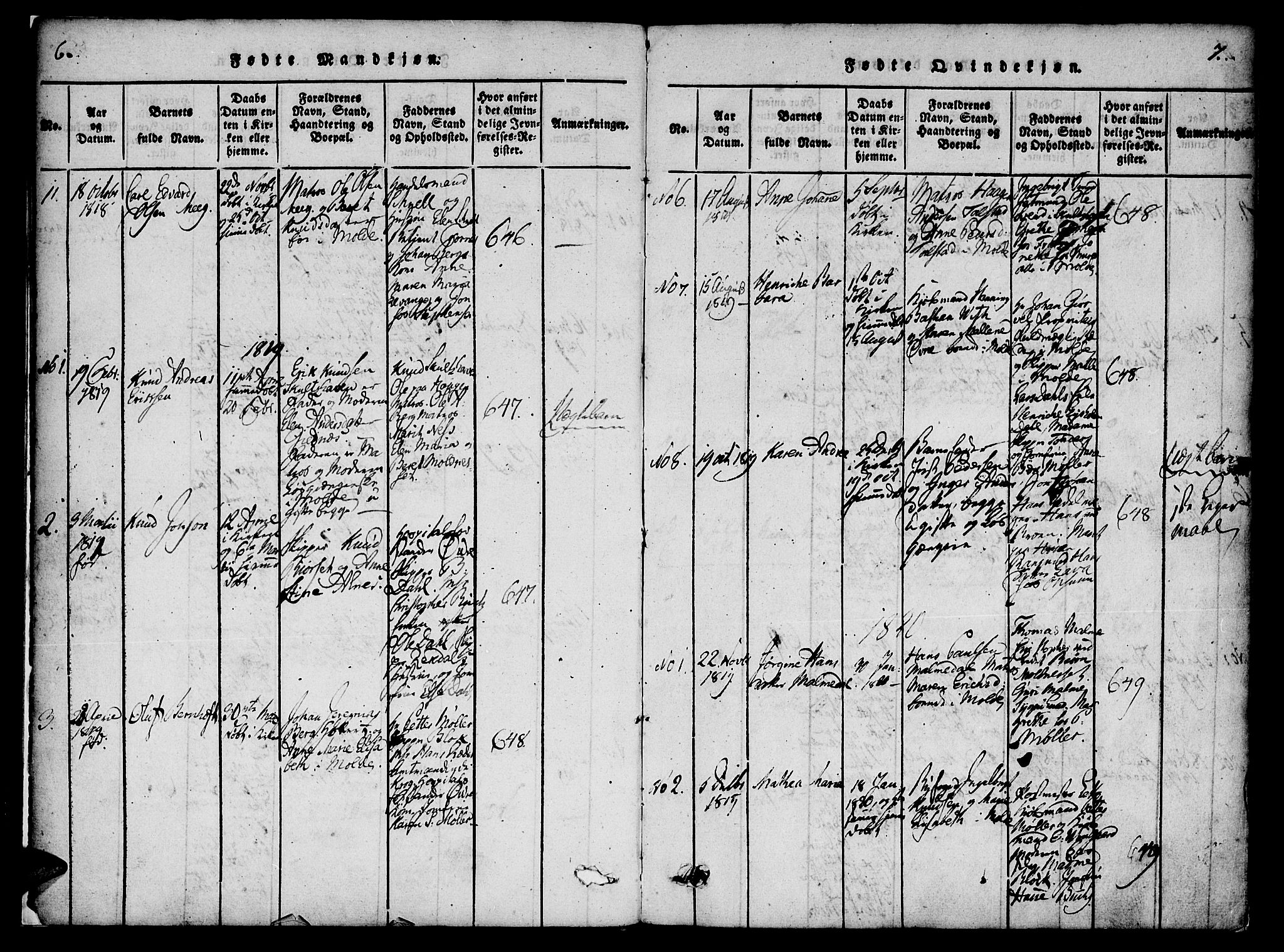 Ministerialprotokoller, klokkerbøker og fødselsregistre - Møre og Romsdal, SAT/A-1454/558/L0688: Parish register (official) no. 558A02, 1818-1843, p. 6-7