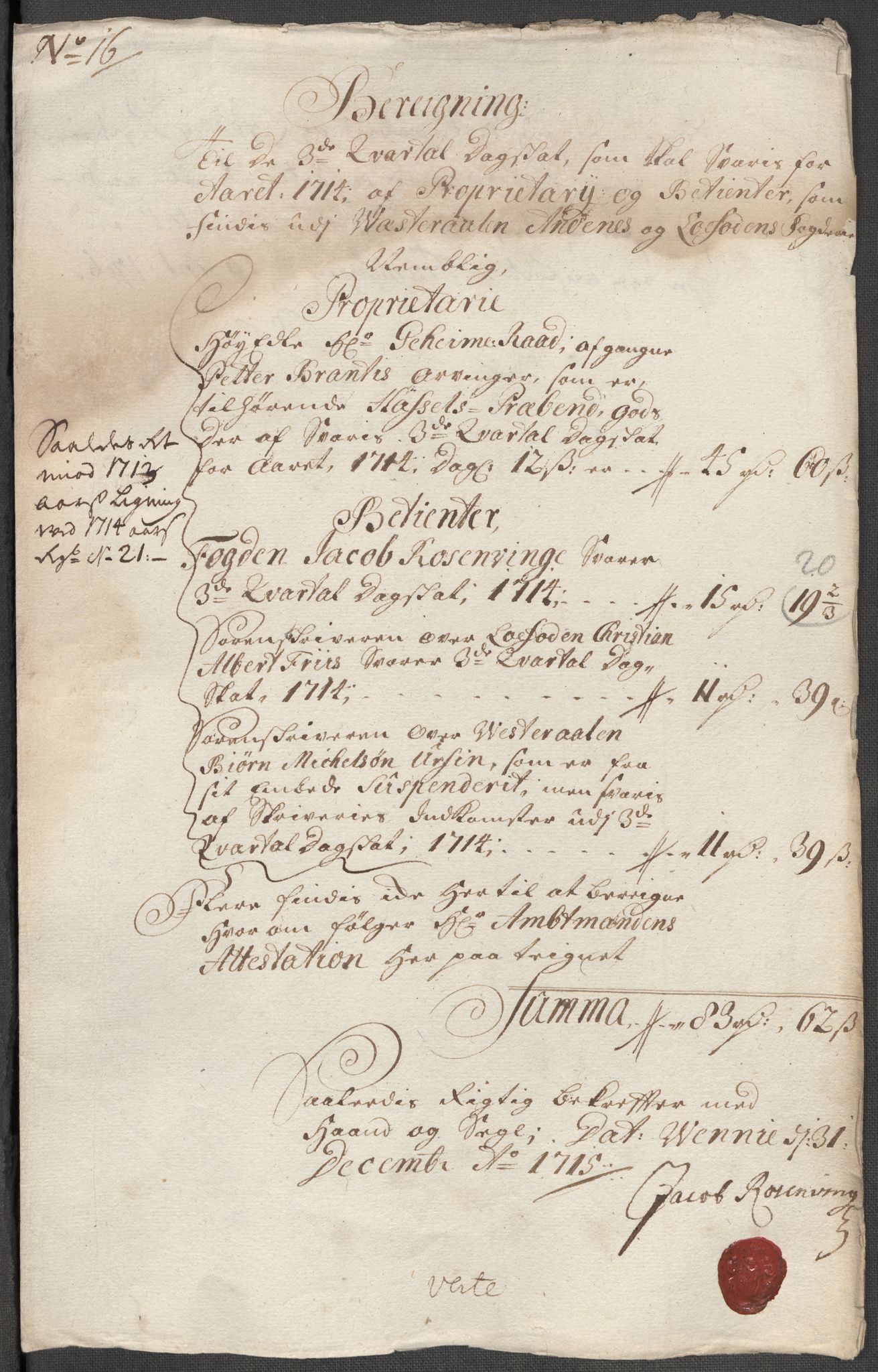 Rentekammeret inntil 1814, Reviderte regnskaper, Fogderegnskap, RA/EA-4092/R67/L4681: Fogderegnskap Vesterålen, Andenes og Lofoten, 1715, p. 109