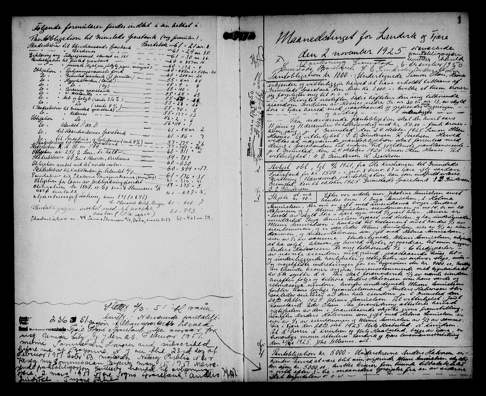 Vestre Nedenes/Sand sorenskriveri, AV/SAK-1221-0010/G/Gb/Gba/L0035: Mortgage book no. 61, 1925-1929, p. 0-1