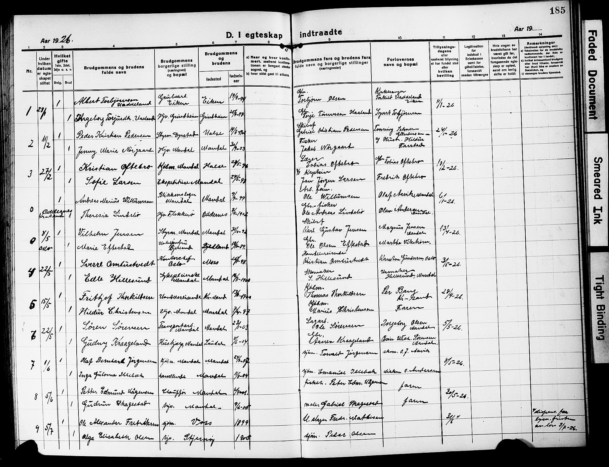 Mandal sokneprestkontor, SAK/1111-0030/F/Fb/Fbc/L0001: Parish register (copy) no. B 1, 1918-1931, p. 185