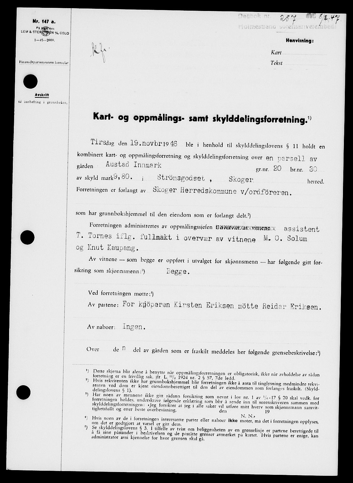 Holmestrand sorenskriveri, AV/SAKO-A-67/G/Ga/Gaa/L0061: Mortgage book no. A-61, 1946-1947, Diary no: : 257/1947
