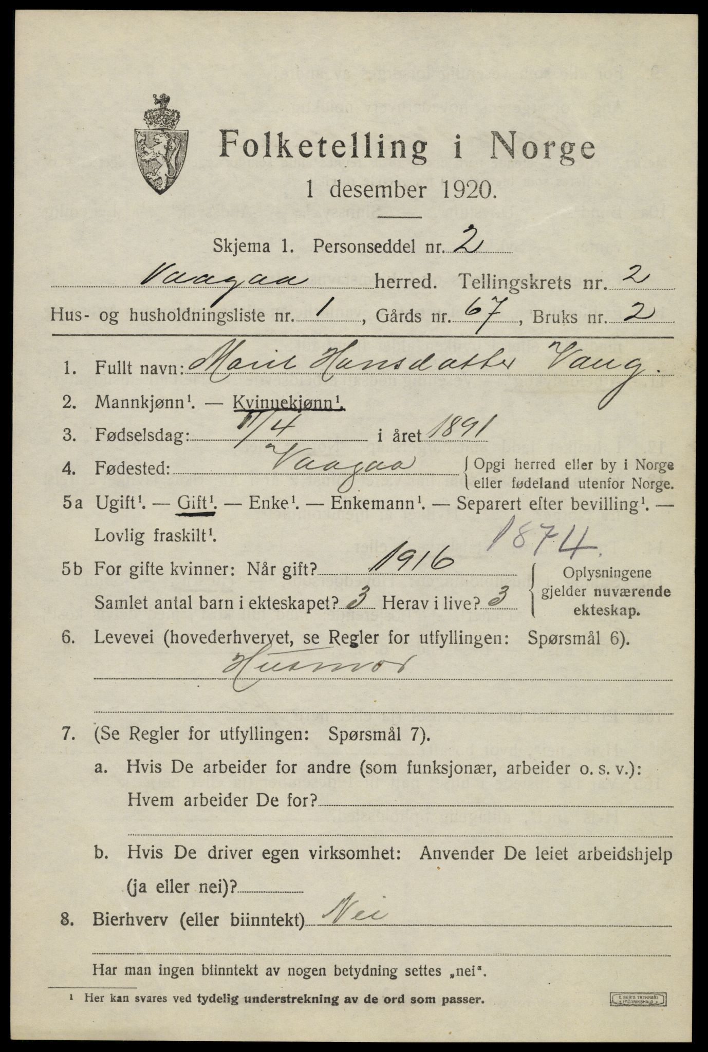 SAH, 1920 census for Vågå, 1920, p. 2022