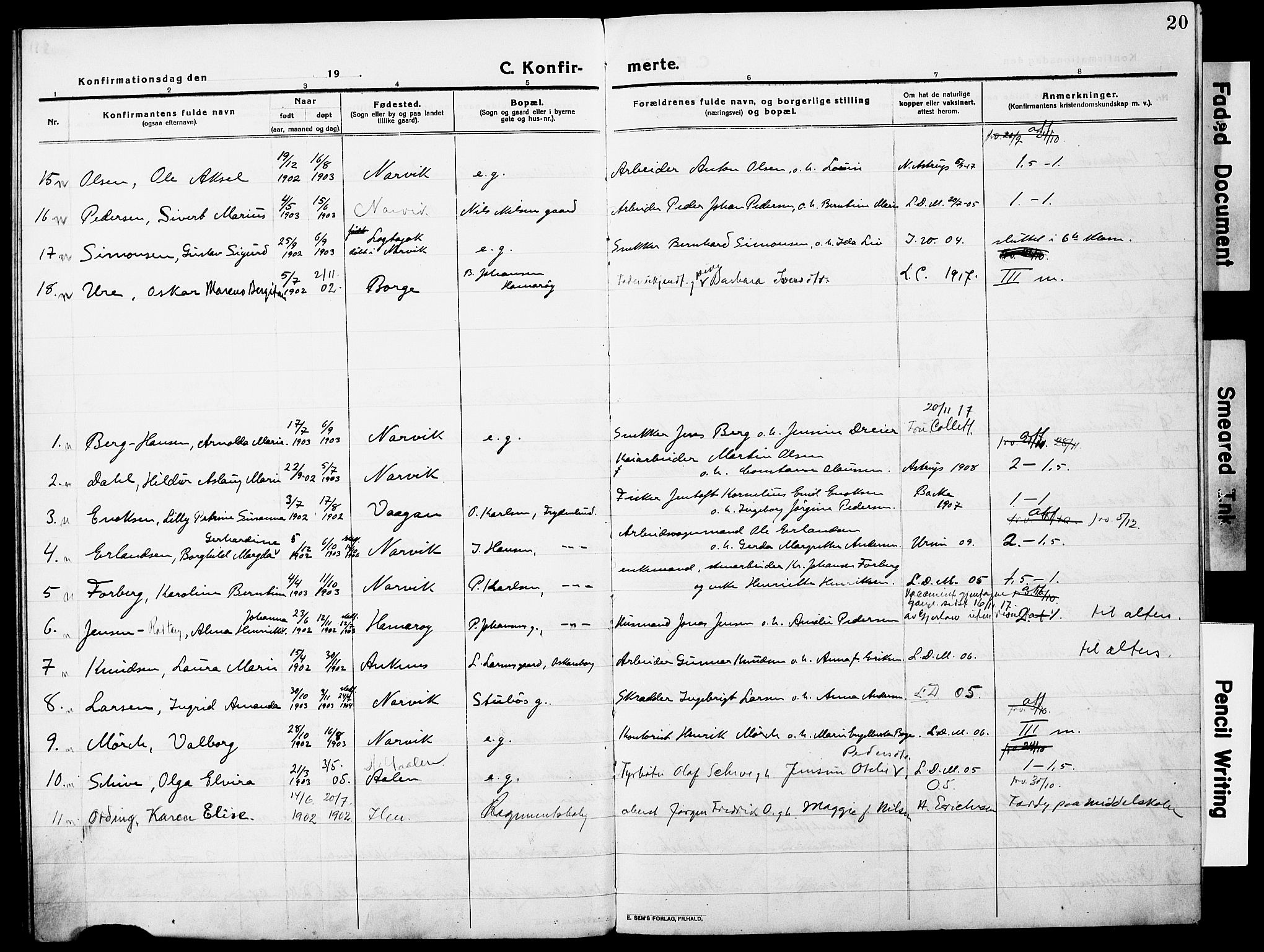 Ministerialprotokoller, klokkerbøker og fødselsregistre - Nordland, AV/SAT-A-1459/871/L0989: Parish register (official) no. 871A05, 1915-1922, p. 20