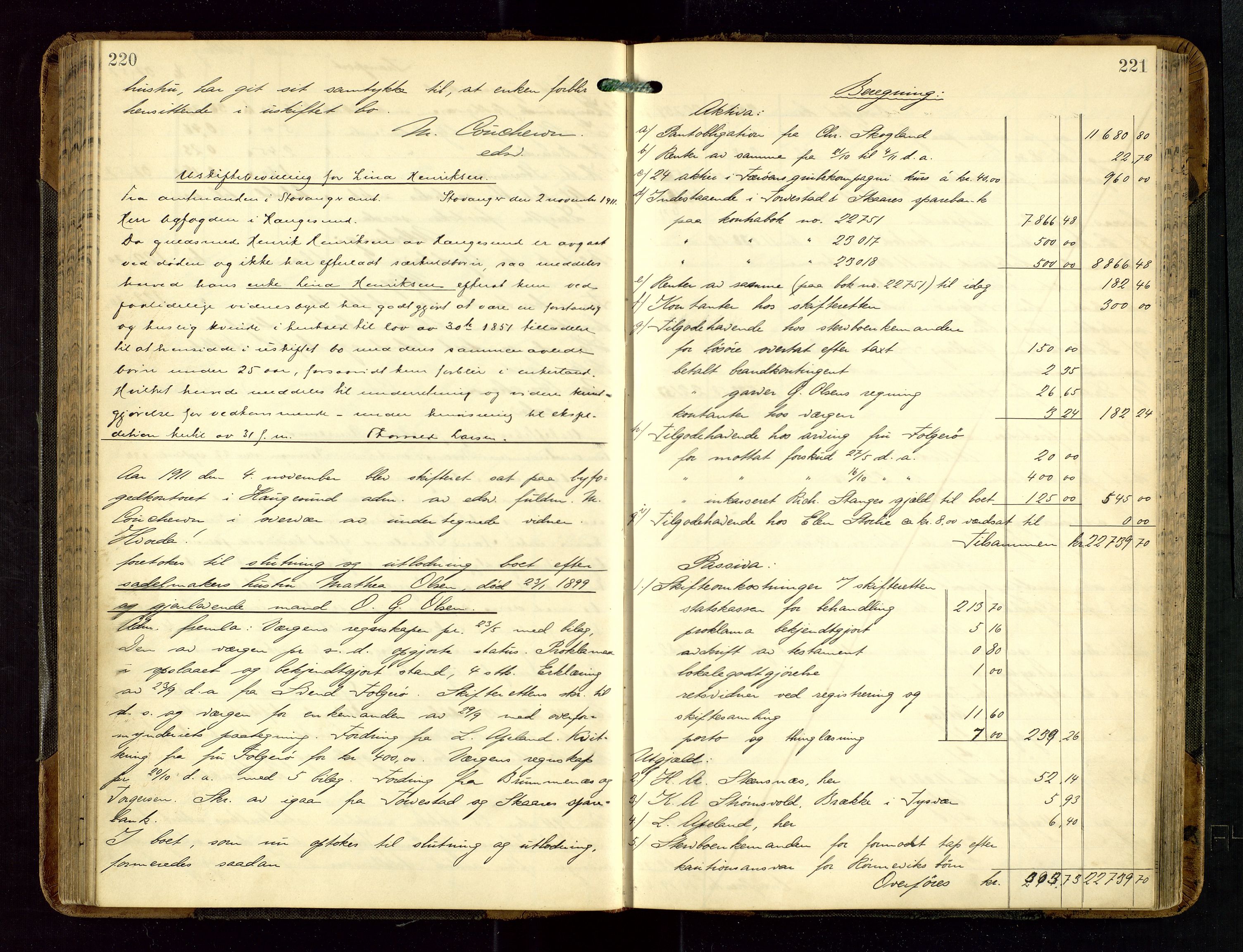 Haugesund tingrett, AV/SAST-A-101415/01/IV/IVD/L0002: Skifteutlodningsprotokoll, med register, 1904-1915, p. 220-221