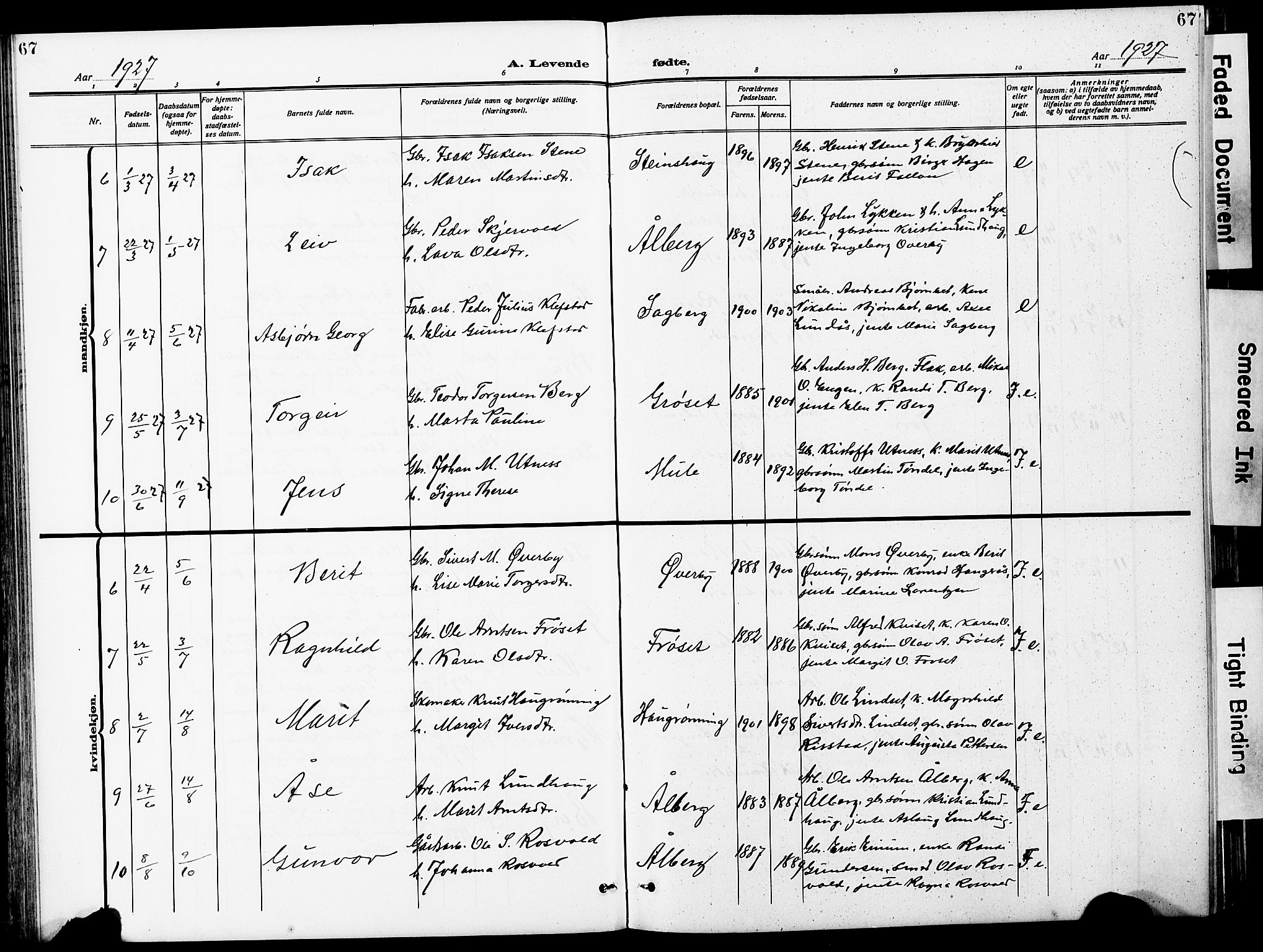 Ministerialprotokoller, klokkerbøker og fødselsregistre - Sør-Trøndelag, AV/SAT-A-1456/612/L0388: Parish register (copy) no. 612C04, 1909-1929, p. 67