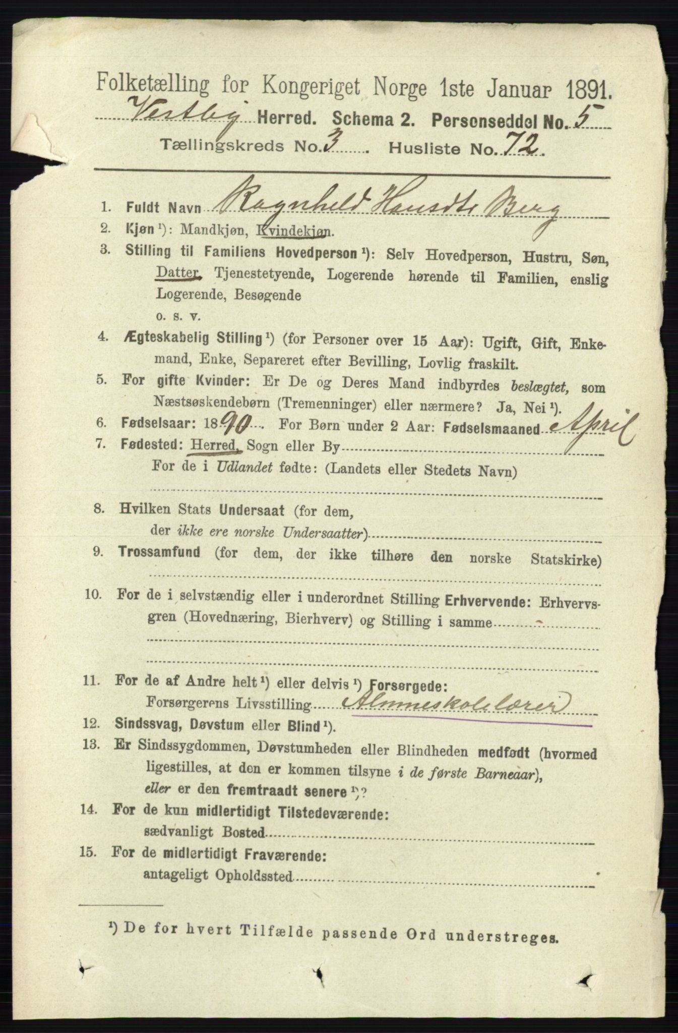 RA, 1891 census for 0211 Vestby, 1891, p. 1476