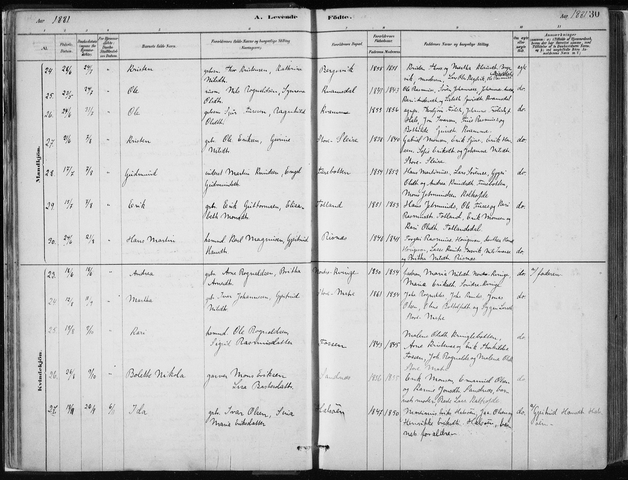 Masfjorden Sokneprestembete, SAB/A-77001: Parish register (official) no. B  1, 1876-1899, p. 30