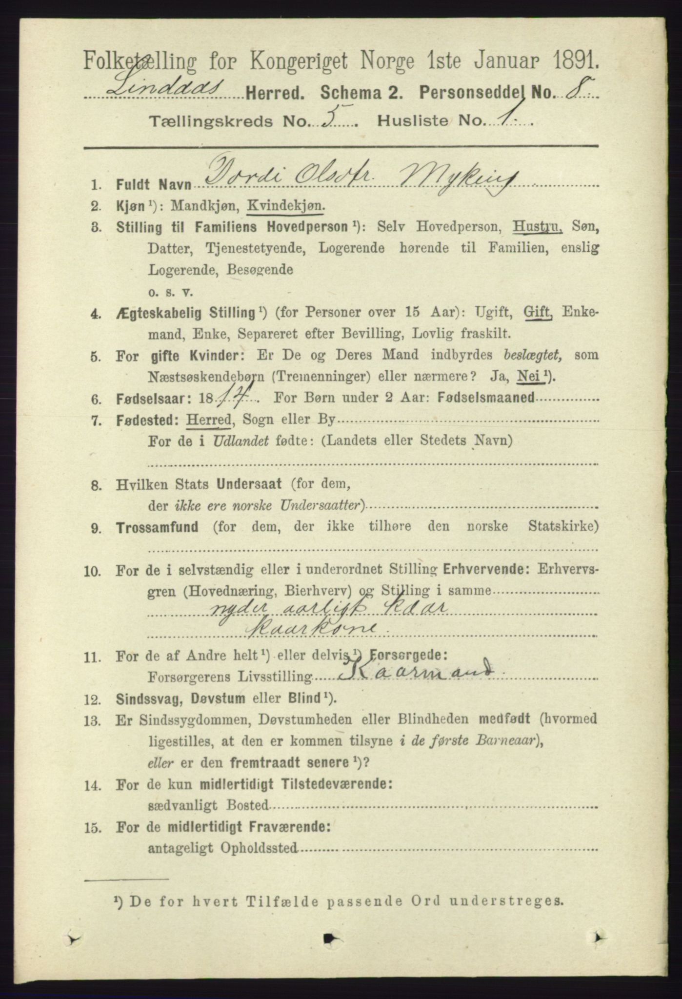 RA, 1891 census for 1263 Lindås, 1891, p. 1452