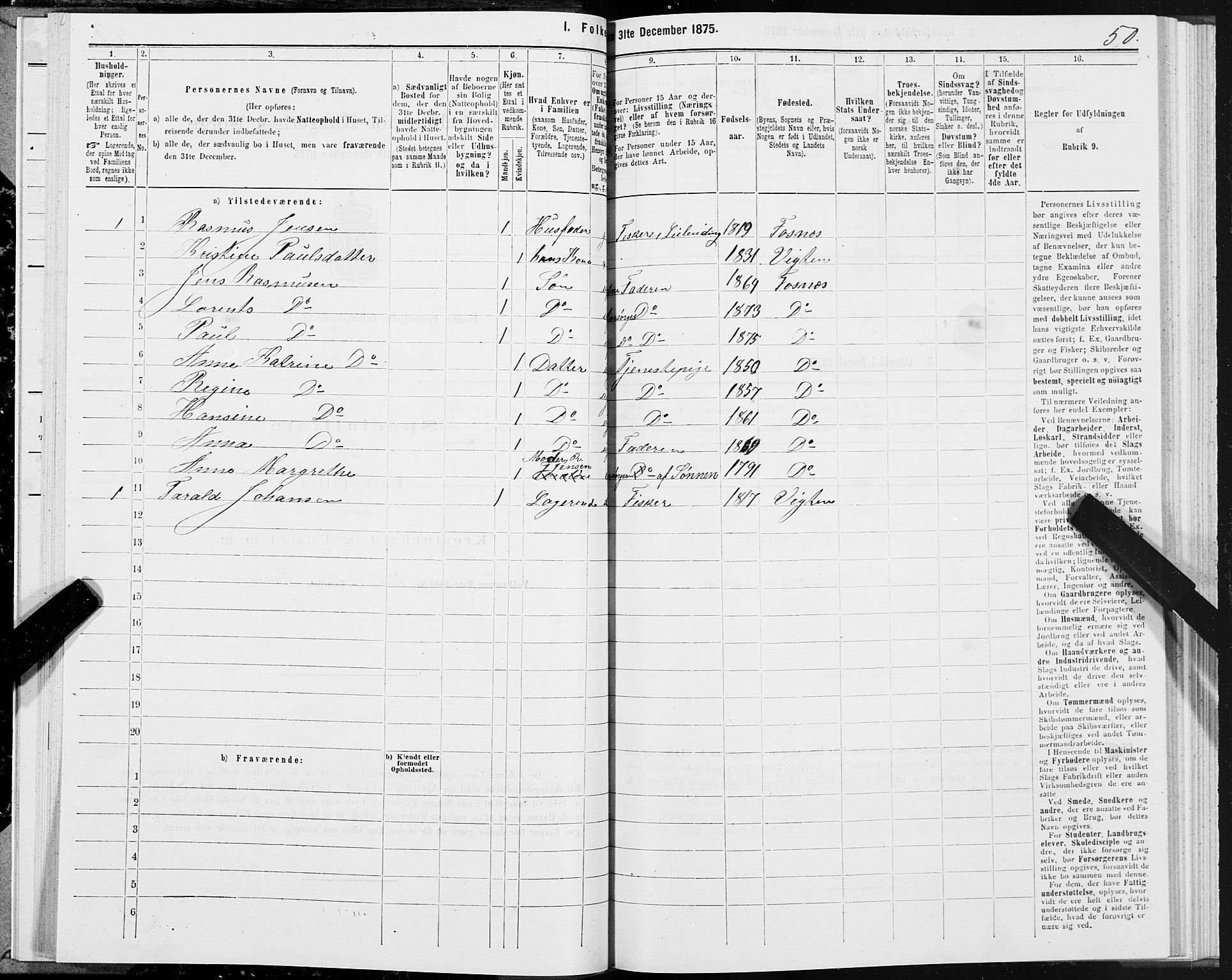 SAT, 1875 census for 1748P Fosnes, 1875, p. 1050