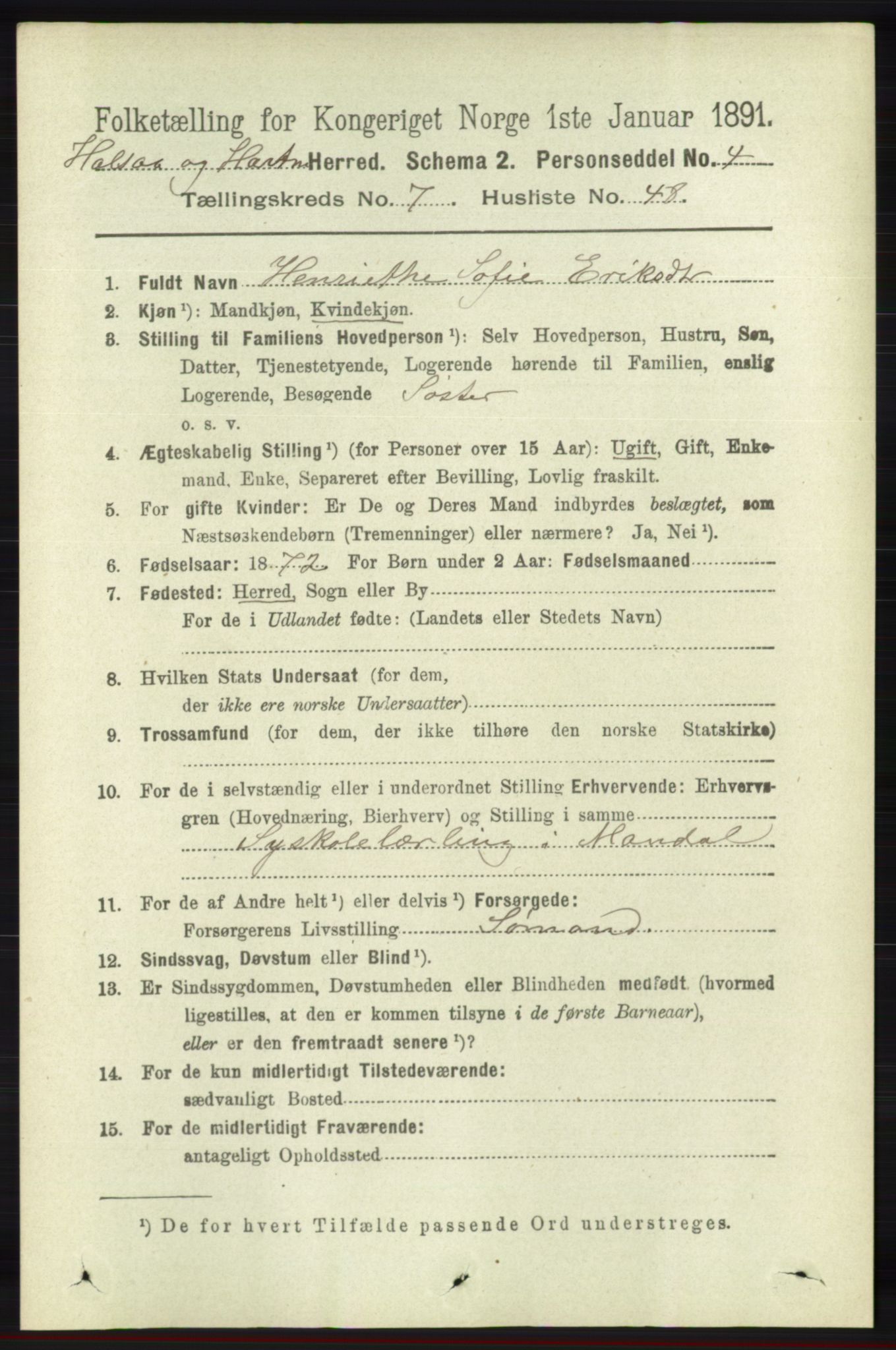 RA, 1891 census for 1019 Halse og Harkmark, 1891, p. 2991