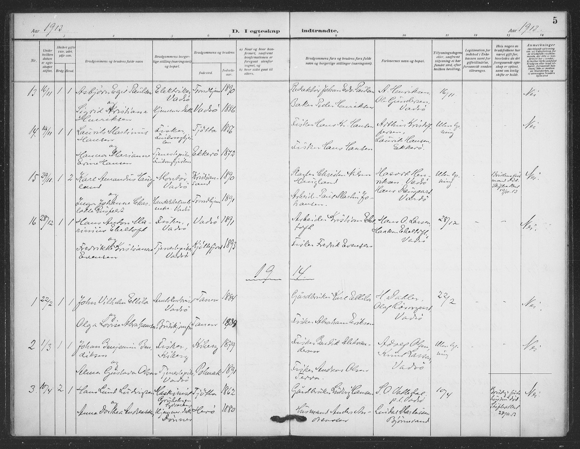 Vadsø sokneprestkontor, SATØ/S-1325/H/Ha/L0008kirke: Parish register (official) no. 8, 1912-1930, p. 5