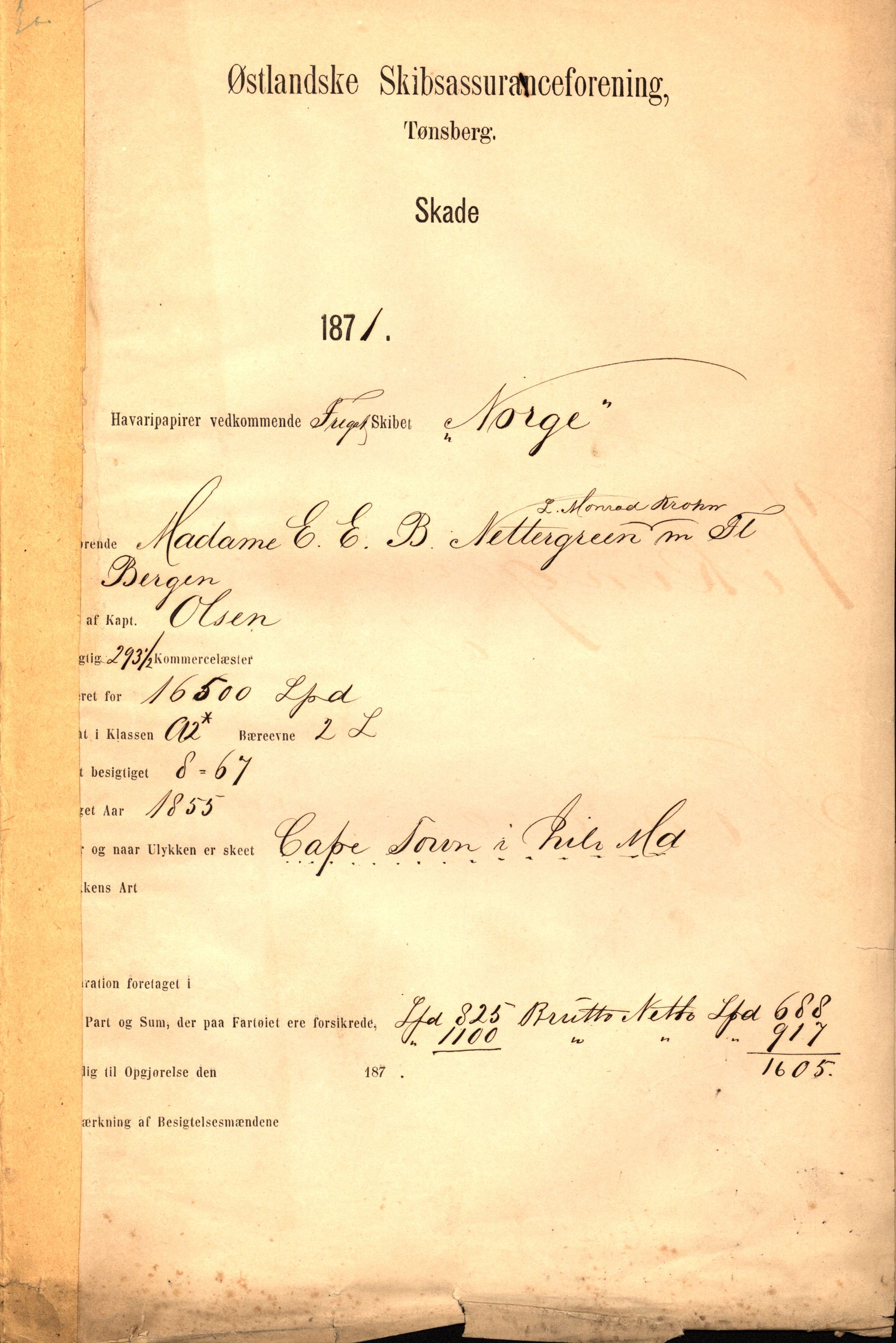 Pa 63 - Østlandske skibsassuranceforening, VEMU/A-1079/G/Ga/L0003/0007: Havaridokumenter / Norge, 1871