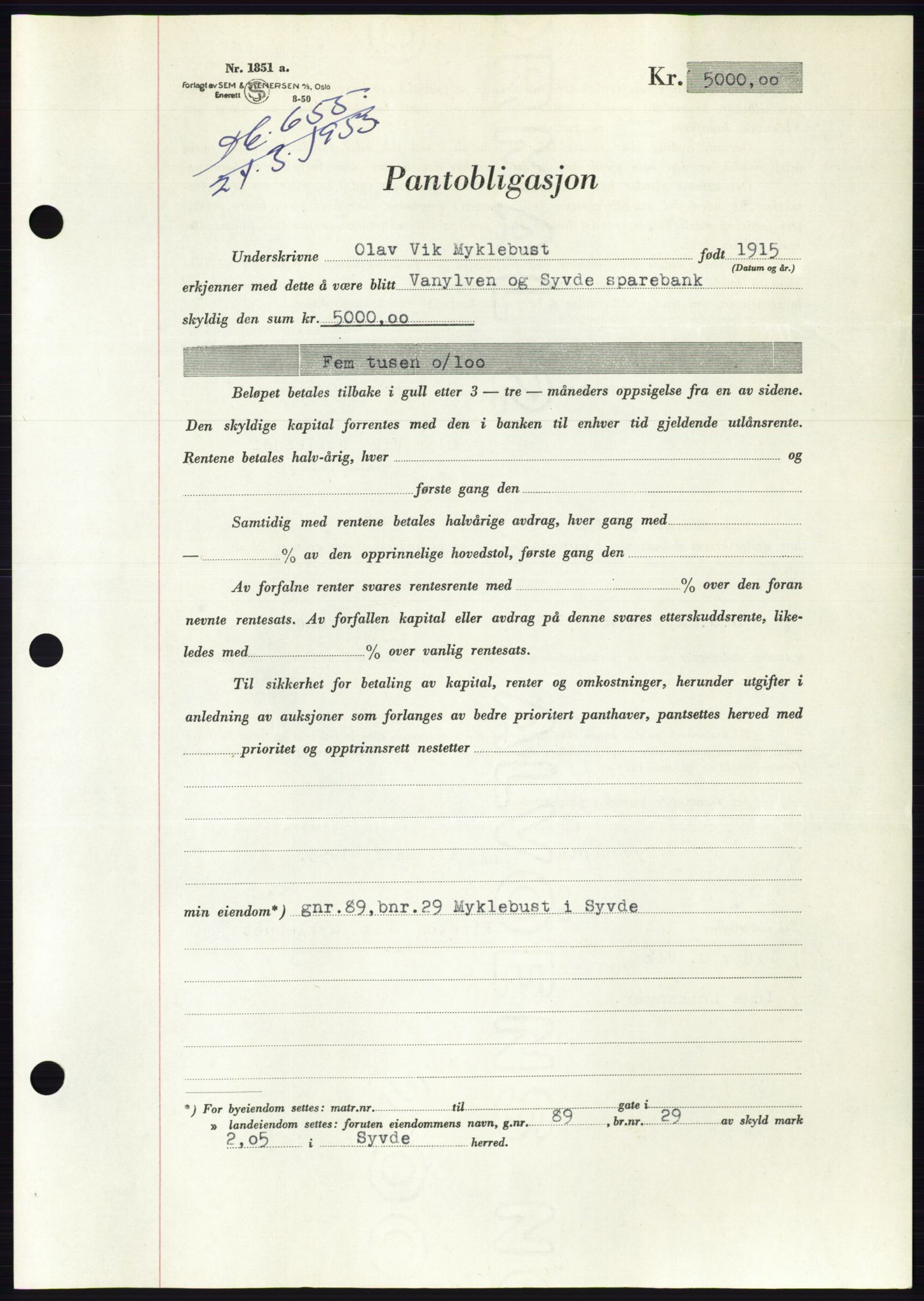 Søre Sunnmøre sorenskriveri, AV/SAT-A-4122/1/2/2C/L0123: Mortgage book no. 11B, 1953-1953, Diary no: : 655/1953