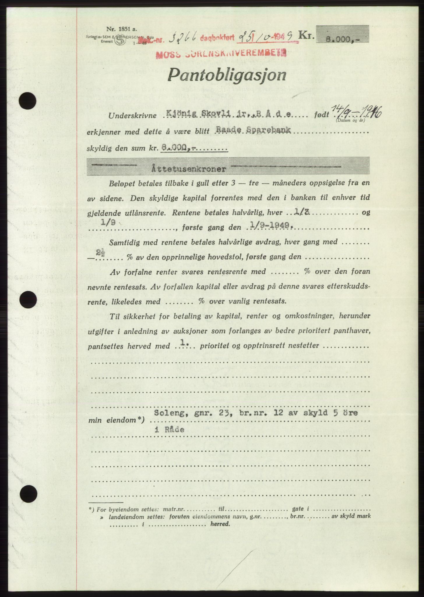 Moss sorenskriveri, SAO/A-10168: Mortgage book no. B23, 1949-1950, Diary no: : 3266/1949