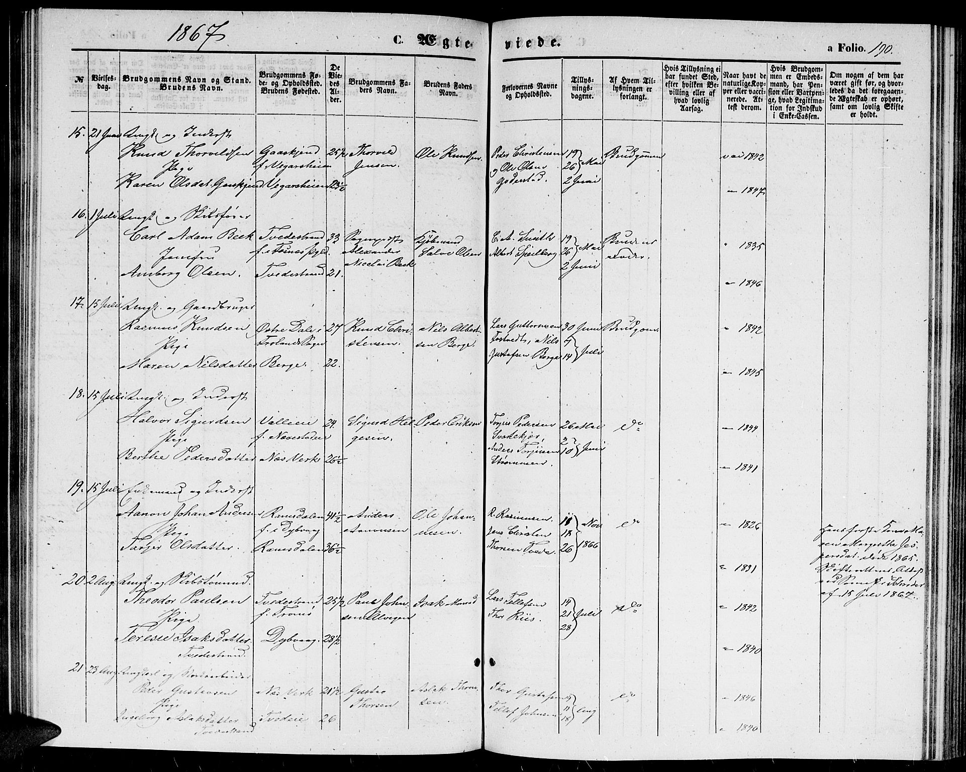 Holt sokneprestkontor, AV/SAK-1111-0021/F/Fb/L0008: Parish register (copy) no. B 8, 1858-1871, p. 190