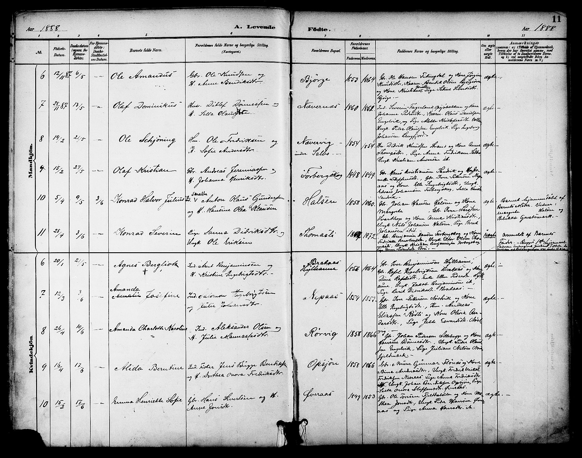 Ministerialprotokoller, klokkerbøker og fødselsregistre - Nordland, SAT/A-1459/814/L0226: Parish register (official) no. 814A07, 1886-1898, p. 11