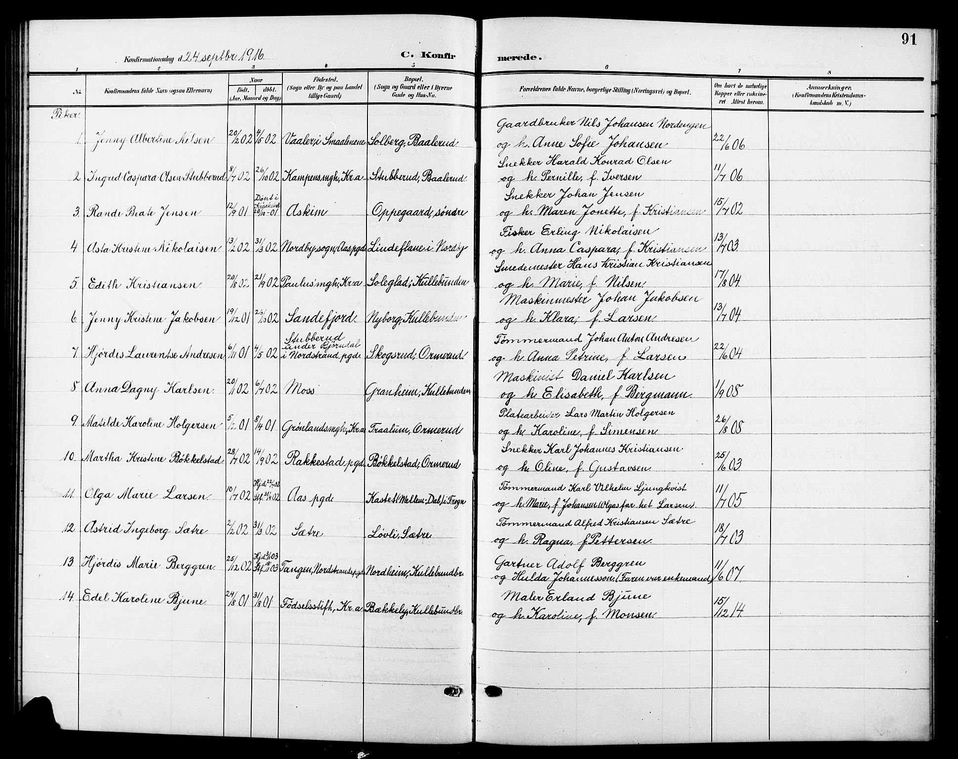 Nesodden prestekontor Kirkebøker, SAO/A-10013/G/Gb/L0001: Parish register (copy) no. II 1, 1905-1924, p. 91