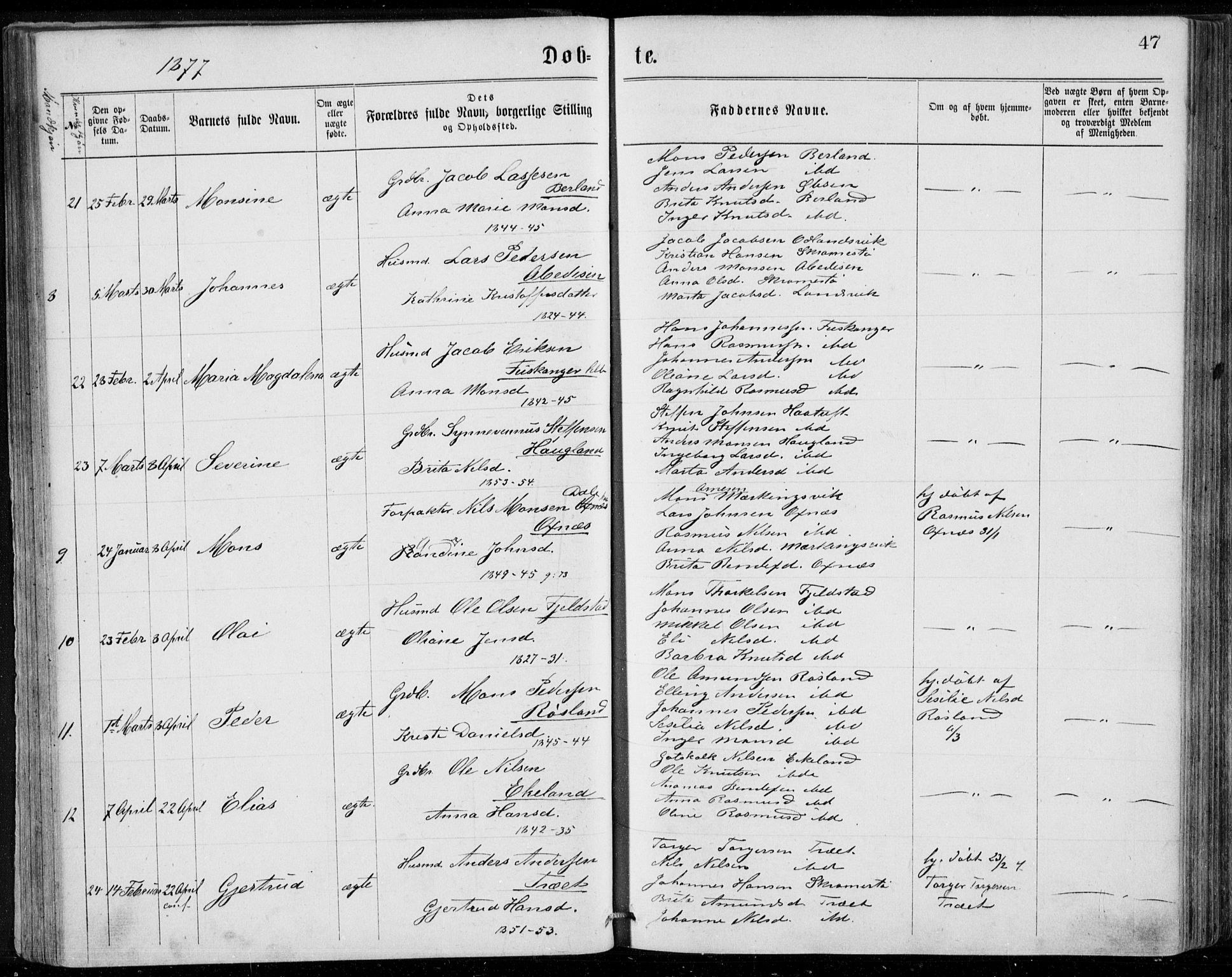 Herdla Sokneprestembete, AV/SAB-A-75701/H/Haa: Parish register (official) no. A 2, 1869-1877, p. 47