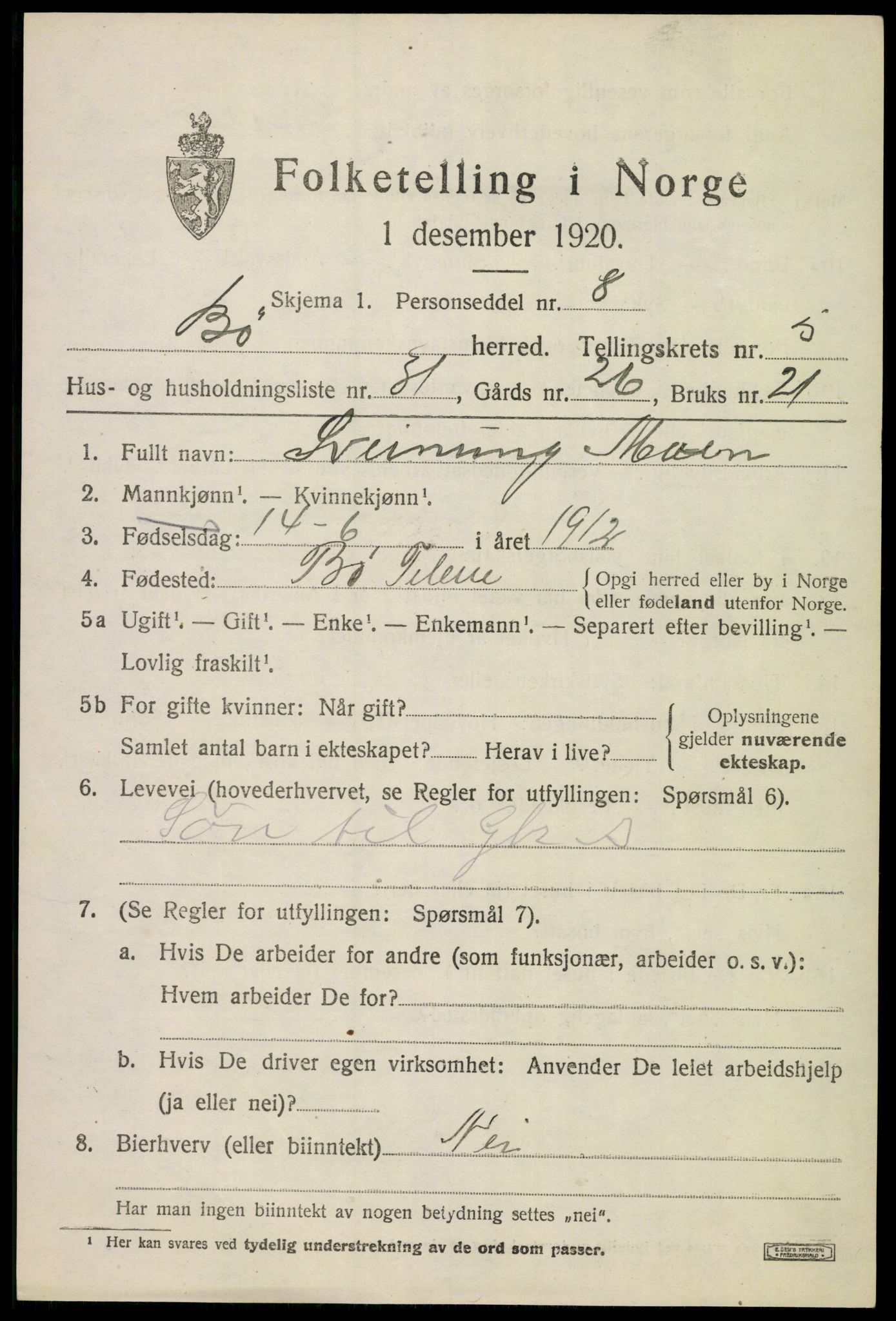 SAKO, 1920 census for Bø (Telemark), 1920, p. 4024