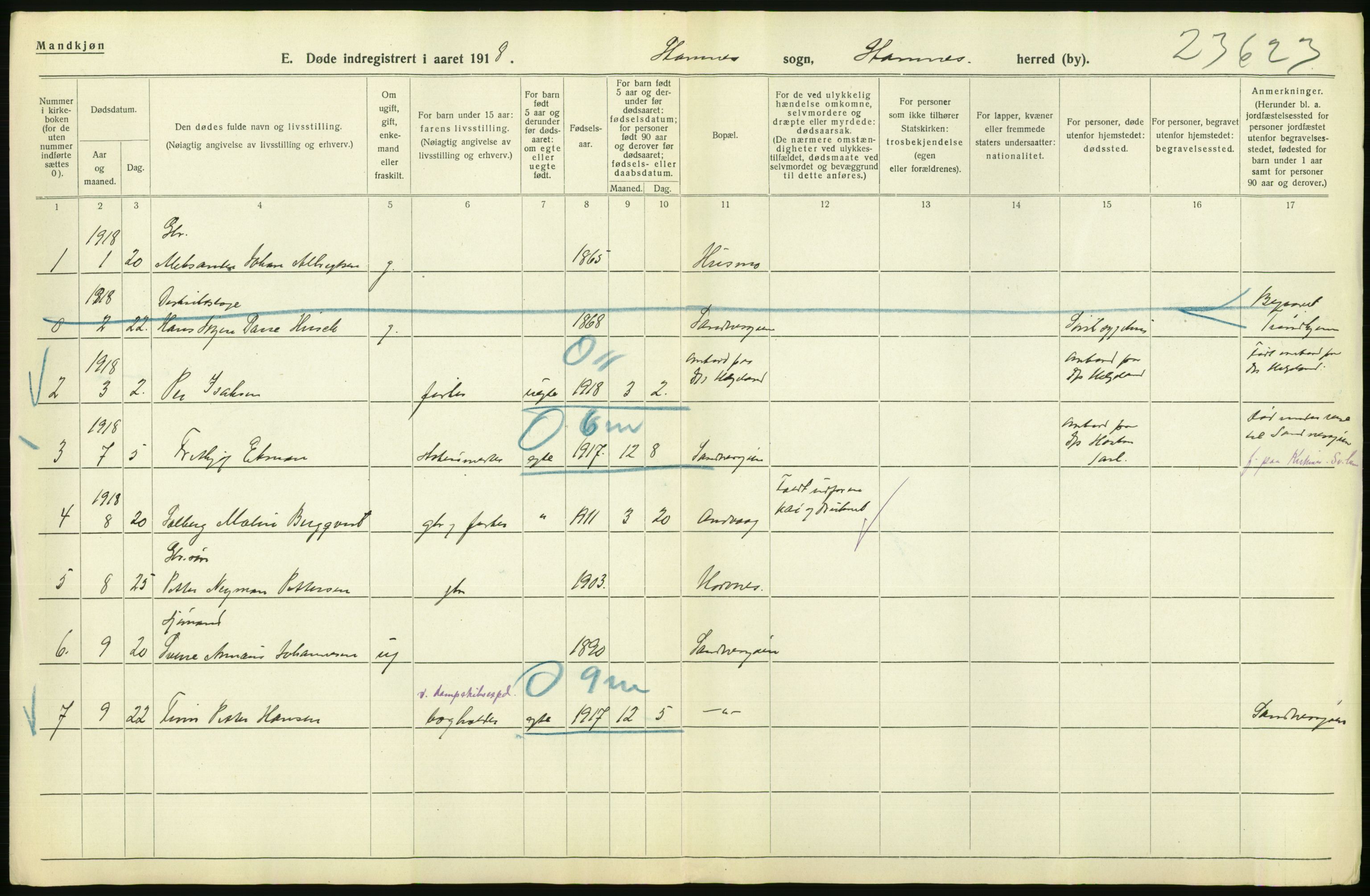 Statistisk sentralbyrå, Sosiodemografiske emner, Befolkning, RA/S-2228/D/Df/Dfb/Dfbh/L0055: Nordland fylke: Døde. Bygder og byer., 1918, p. 104