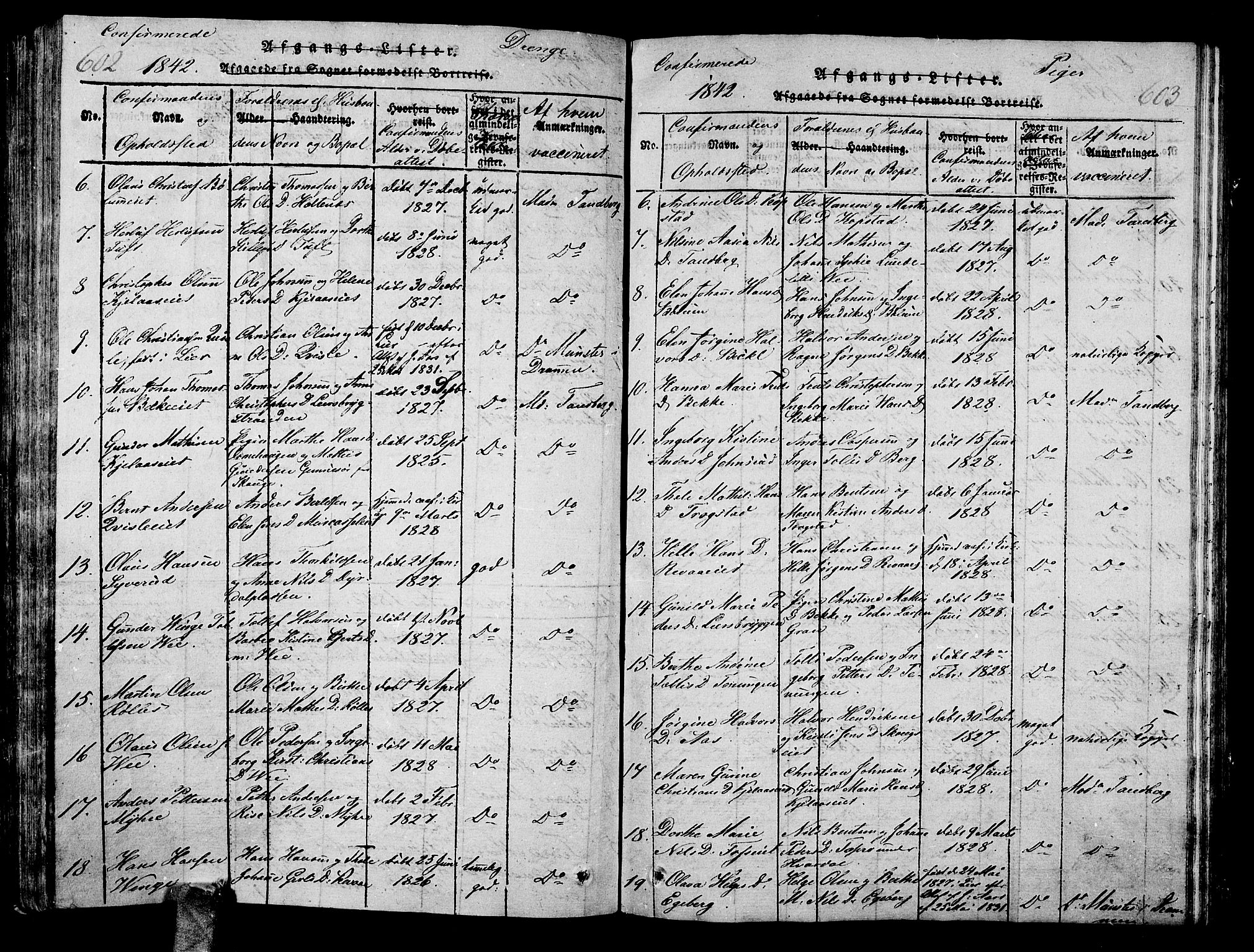 Sande Kirkebøker, AV/SAKO-A-53/G/Ga/L0001: Parish register (copy) no. 1, 1814-1847, p. 602-603